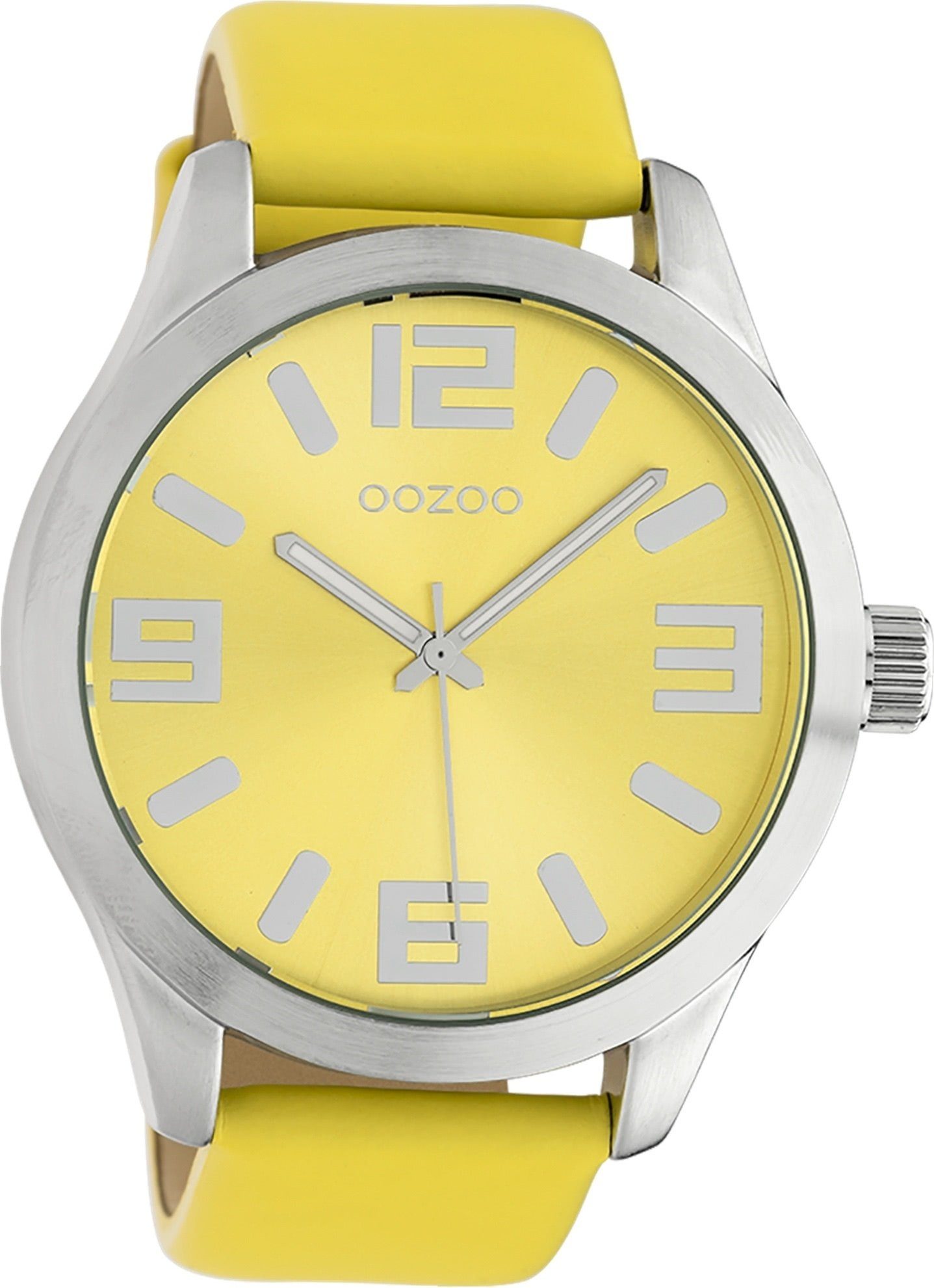 OOZOO Quarzuhr Oozoo Damen Armbanduhr gelb Analog, (Analoguhr), Damenuhr rund, extra groß (ca. 46mm) Lederarmband, Fashion-Style