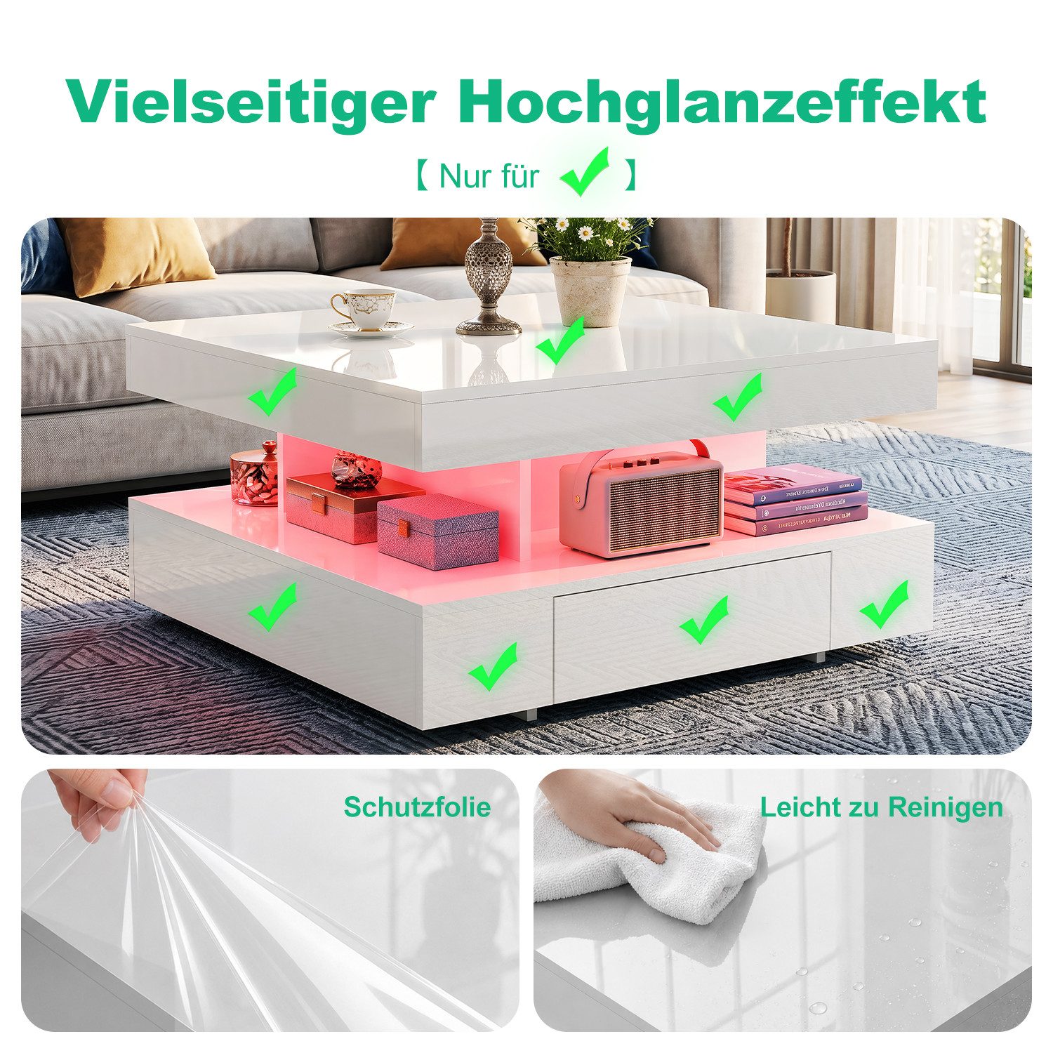 oyajia Couchtisch Wohnzimmertisch Hochglanz mit LED Beleuchtung & Fernsteuerung (Bluetooth-Fernbedienung.App-Steuerung, offenen Fächern,stabil, pflegeleicht, Ho – Bild 5 von 5
