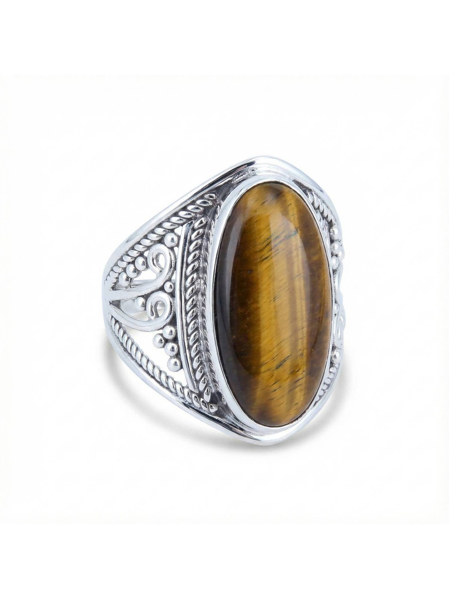 mantraroma Silberring DAHAB oval groß aus 925 Silber mit Tigerauge (Ring mit Schmuckbeutel), Damenring aus 925er Silber