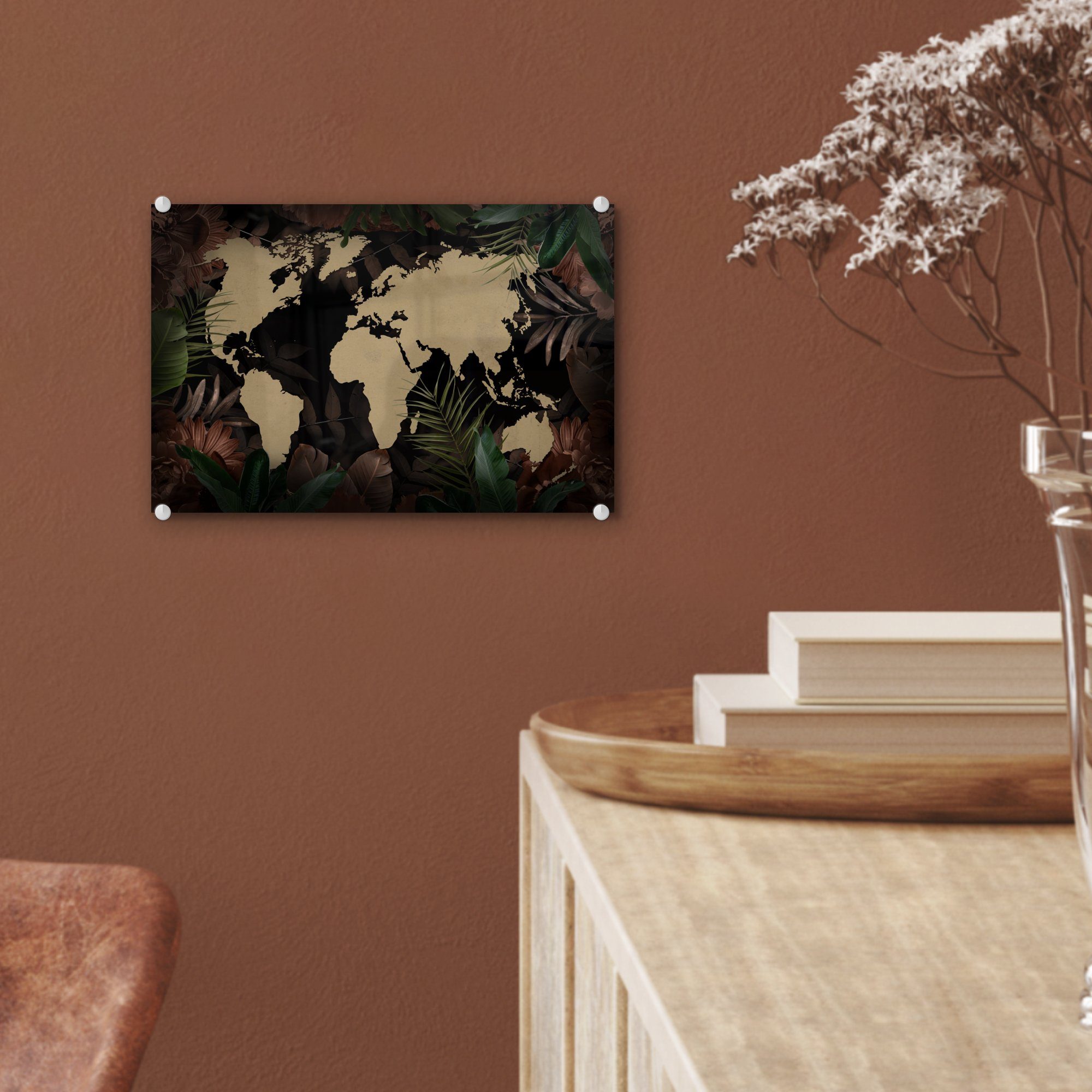 - Glas Acrylglasbild Wandbild MuchoWow Bilder (1 Weltkarte St), Glasbilder Pflanzen, Wanddekoration auf - - Foto auf Tropische - Glas - Schwarz
