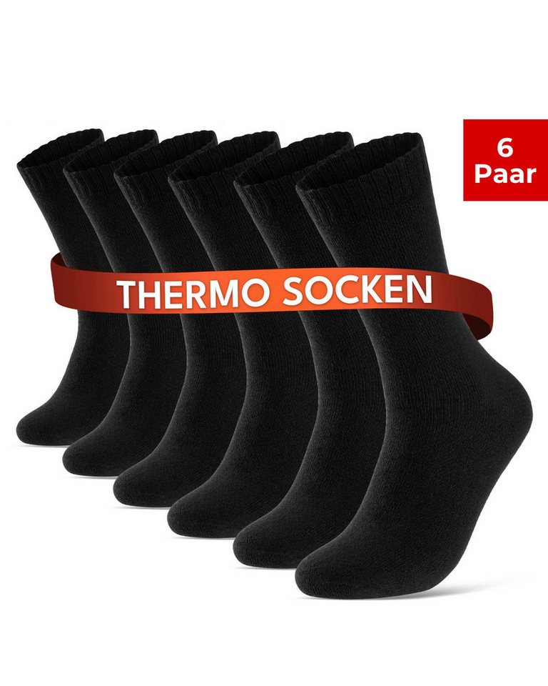 sockenkauf24 Thermosocken 6, 12, 24 Paar warme Wintersocken Damen & Herren Vollfrottee (Schwarz, 6-Paar, 43-46) aus Baumwolle mit Pique Komfortbund