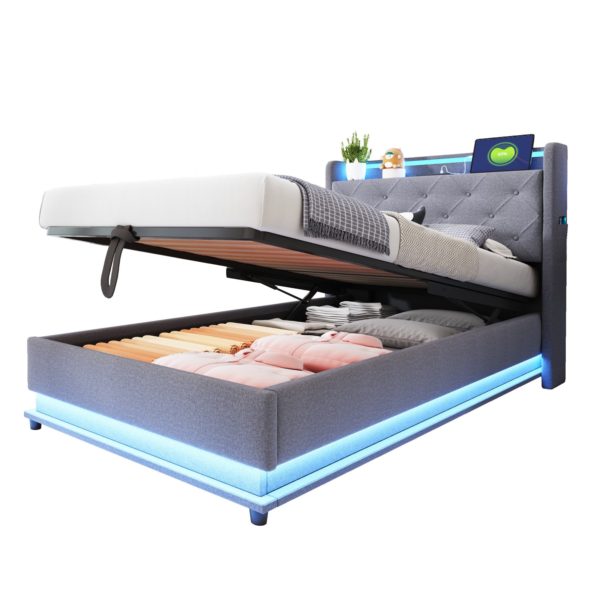 REDOM Polsterbett LED Doppelbett mit USB-Ladeanschluss und Hydraulischer La günstig online kaufen