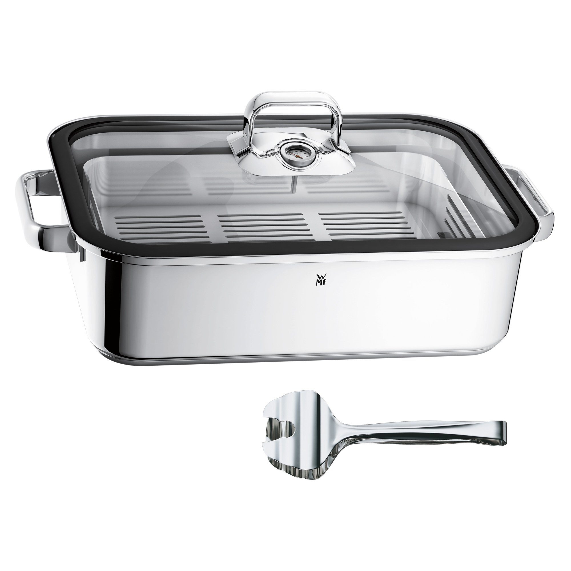 WMF Кастрюли жаровни Vitalis, Cromargan® Edelstahl rostfrei 18/10 (1x Schmortopf/Bräter (41 x 27 x 10 cm, Volumen 6,5l), 1x Garblech (31 x 23 x 6,5 cm), 2x Drahtgriffe, 1x Glasdeckel mit Silikondichtung mit herausnehmbaren Thermometer, 1x Zange, 2-tlg)