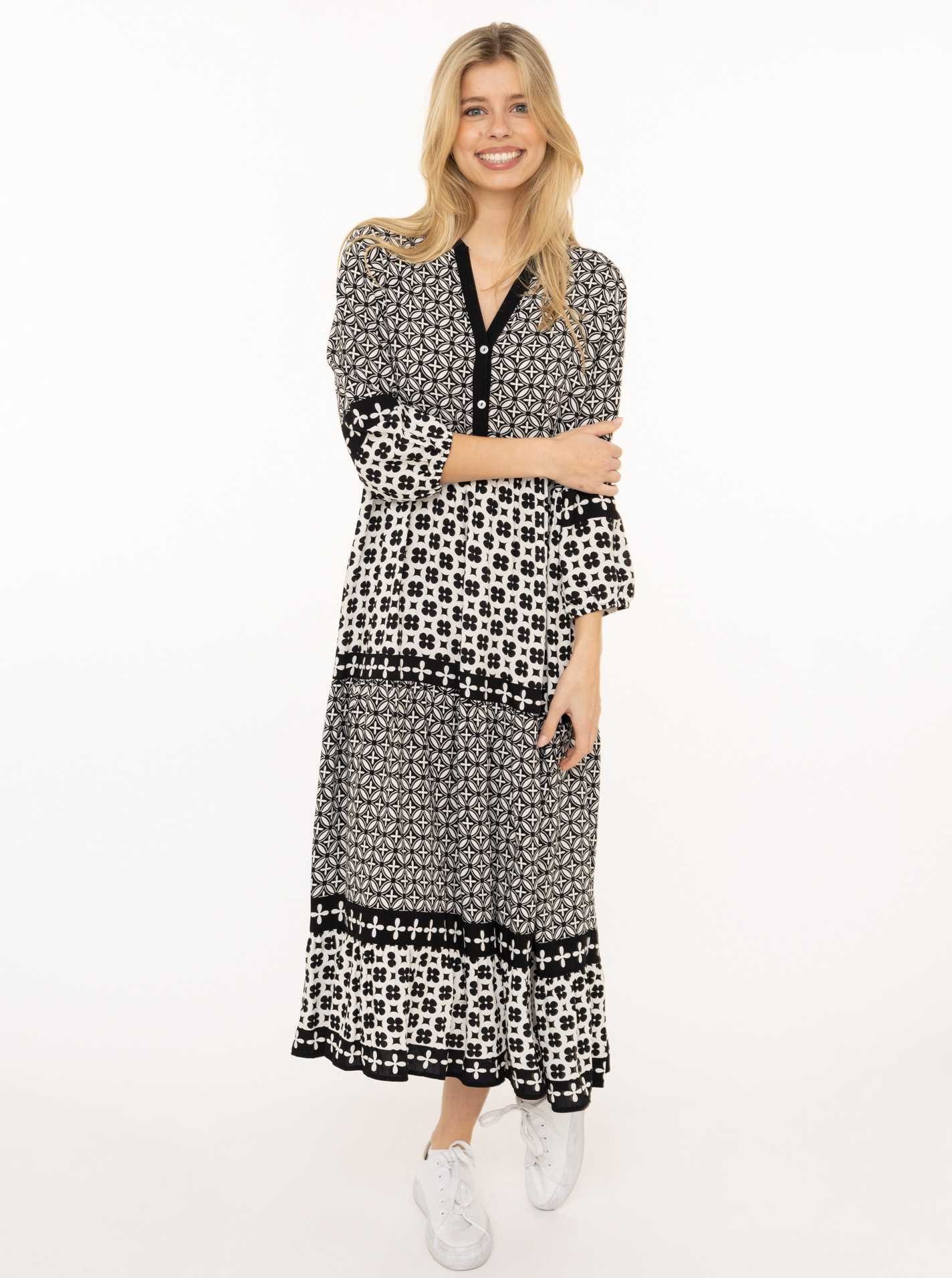Zwillingsherz Maxikleid "Geometric" Ornamentmustermix, Knopfleiste, 3/4 Arm günstig online kaufen