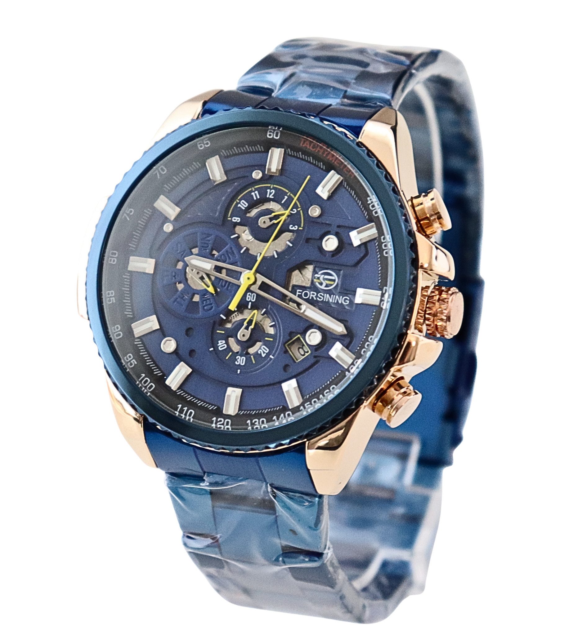 Rötting Design Automatikuhr Herrenuhr Armbanduhr Marke Forsining blaues Ziffernblatt und Armband, Datum Wochentag Monats Anzeige