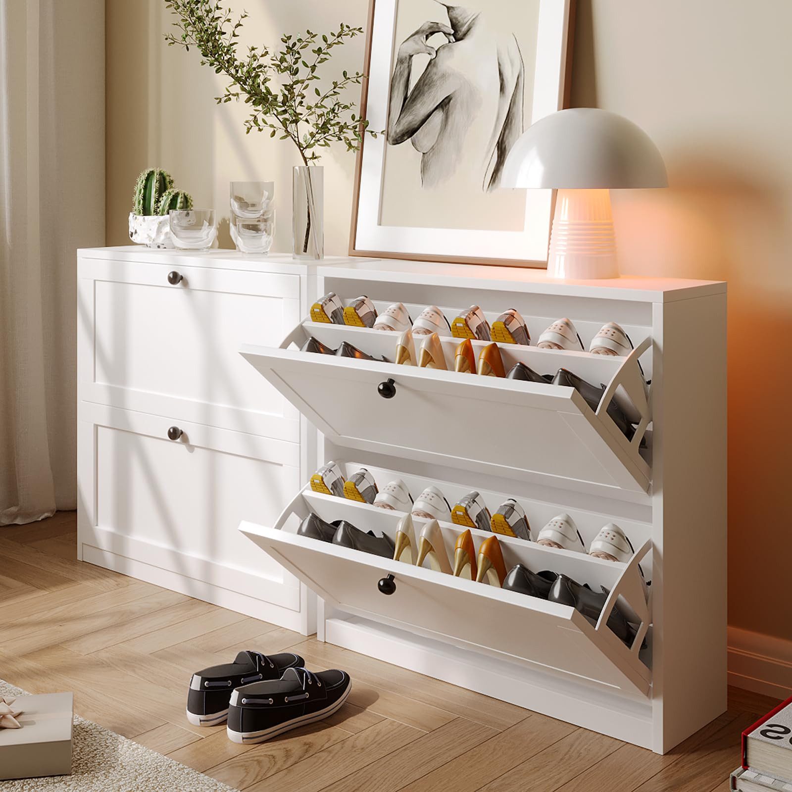 VOWNER Schuhschrank mit 2 Klappen, Schuhregal Schmal, 80 x 24 x 80 cm