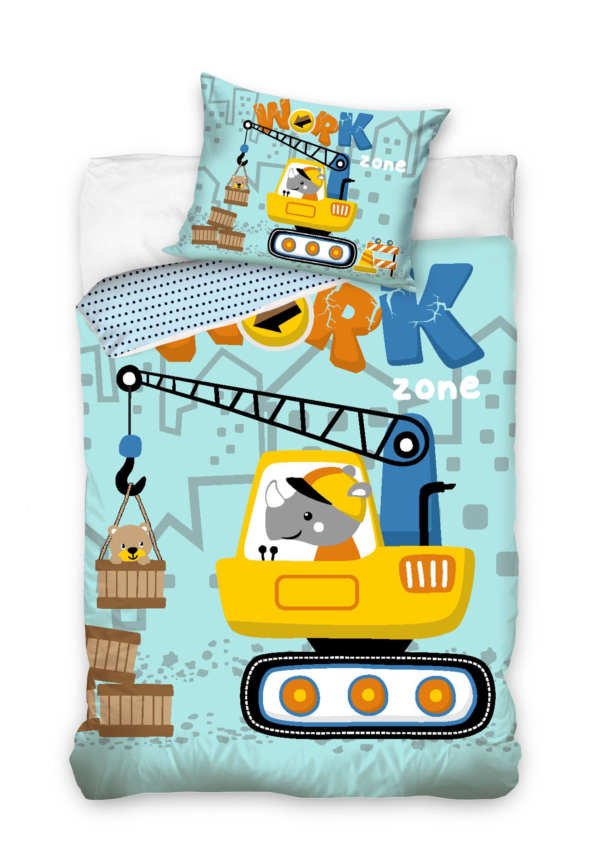 Carbotex Kinderbettwäsche Baumaschinen Bagger Kran Baustelle Kinderbettwäsche 135 x 200 cm