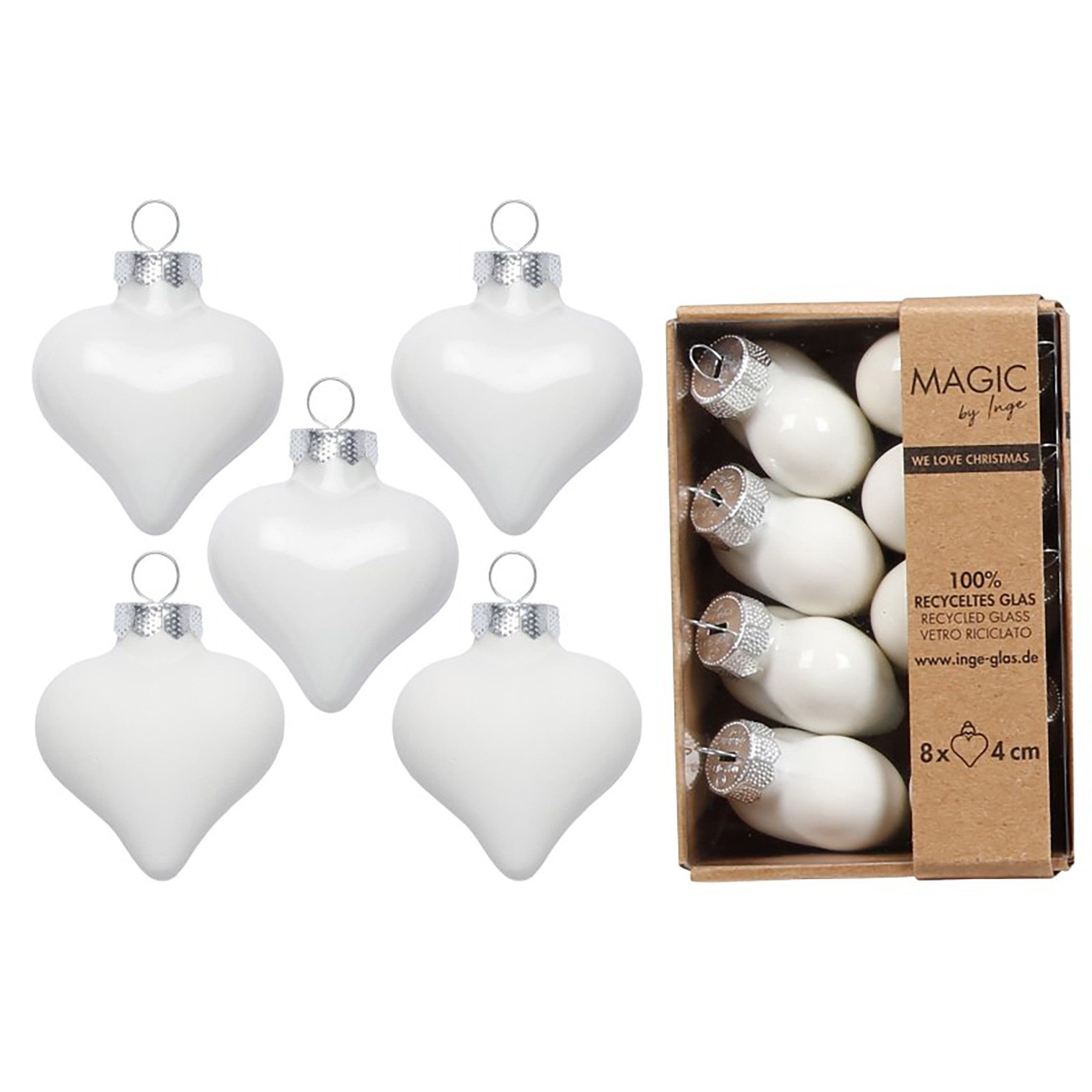 Holly & Jolly Christbaumschmuck, Christbaumschmuck Herzen 4cm Glas 8 Stück - Pure White