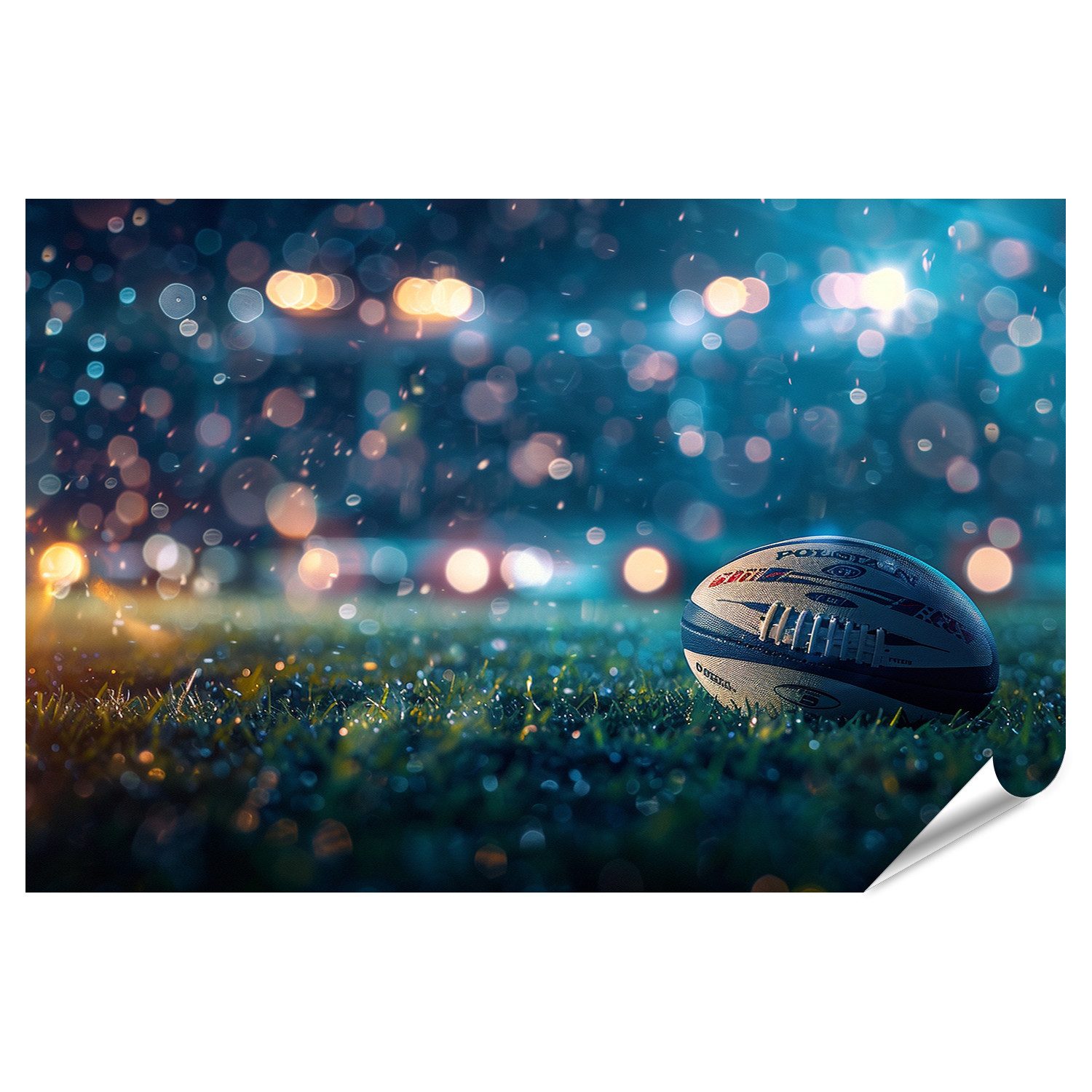 islandburner Poster Rugbyball unter Lichtern auf beleuchtetem, nassen Rasen in Stadionnac