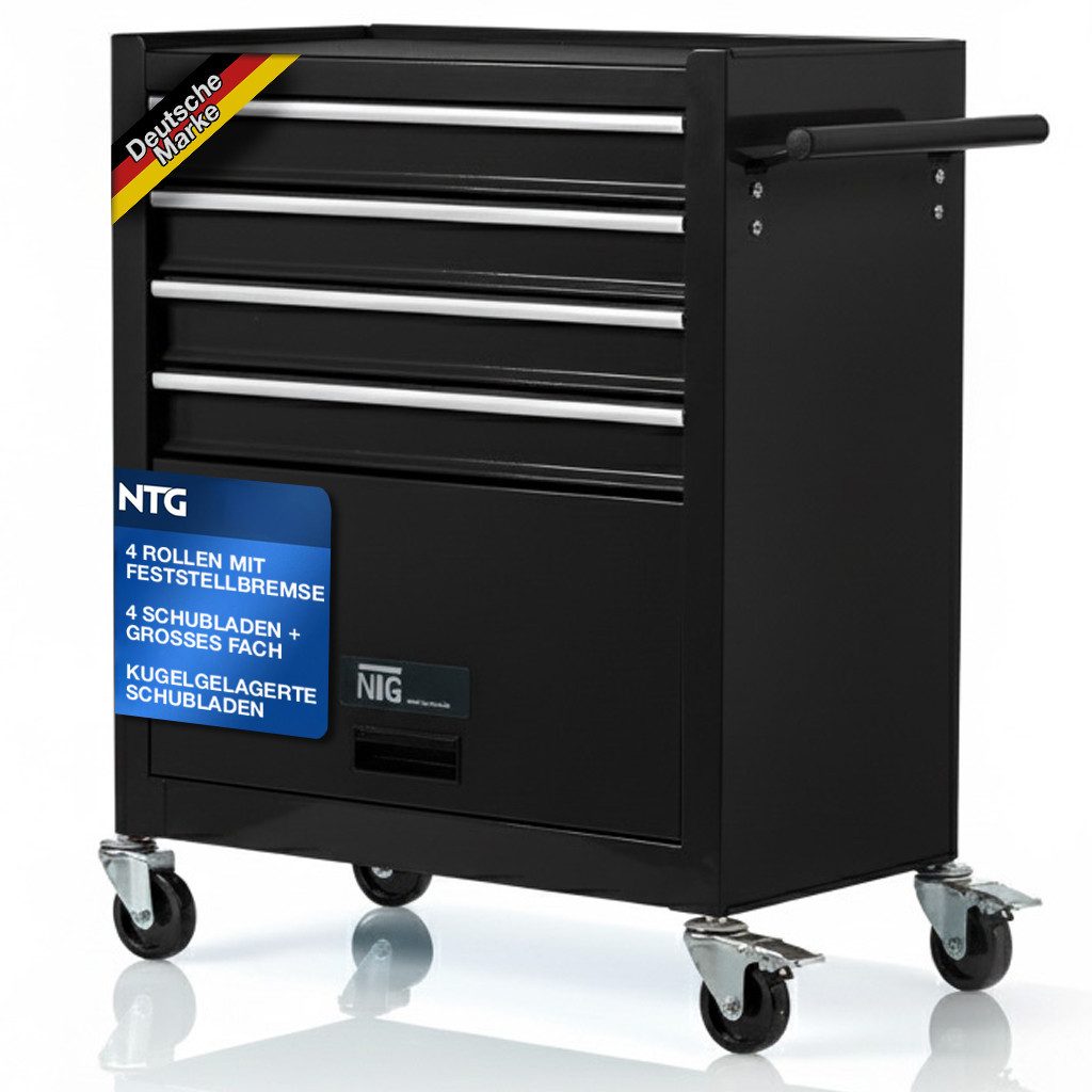 NTG Nutzfahrzeug Technik GmbH Werkstattwagen 4 Schubladen + großes Fach / Leer ohne Werkzeug Farbe Schwarz, Blackline Leer, Kugelgelagerte Schubladen - Transportsicherung