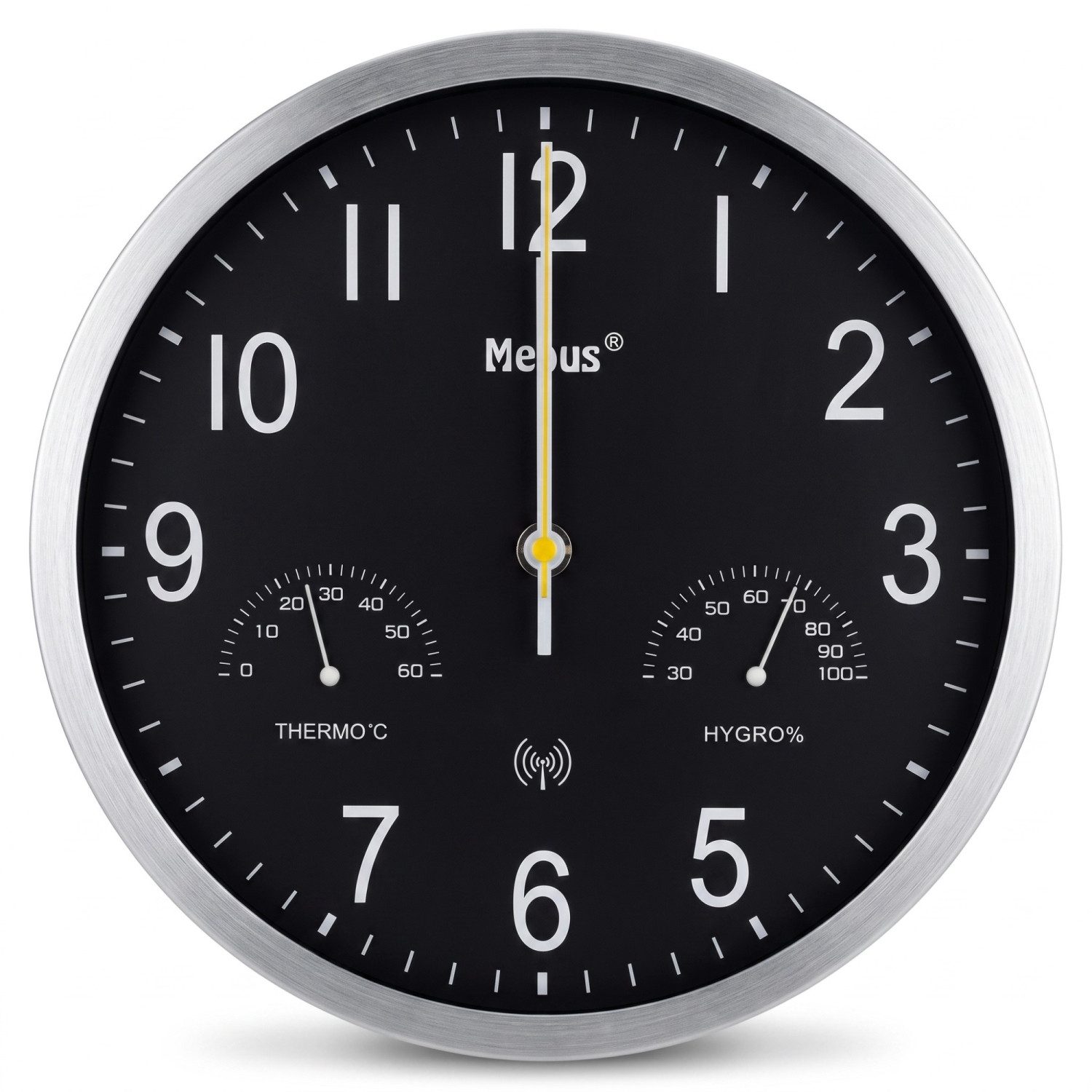 Mebus Funkwanduhr Mebus 12865 Funkwanduhr mit Thermometer und Hygrometer Silber/SCHWARZ