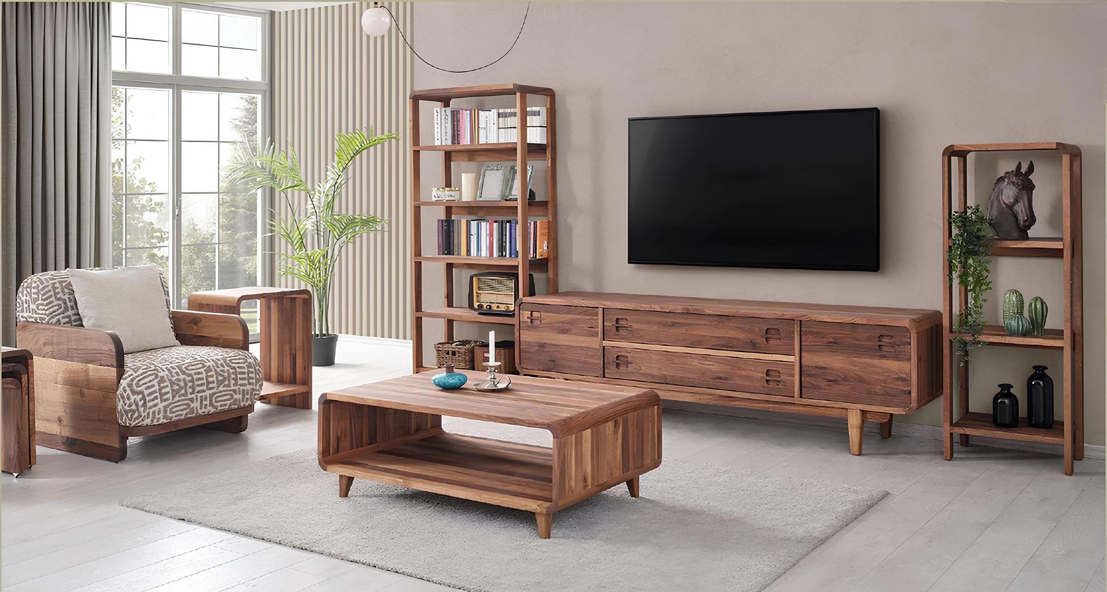 Xlmoebel Polstergarnitur Modernes 3-Sitzer Sofa mit 2 Bücherregalen in Braun aus Holz, (Sofa-Set, 3-tlg., 3-Sitzer Sofa mit 2 Bücherregalen), Made in Europa