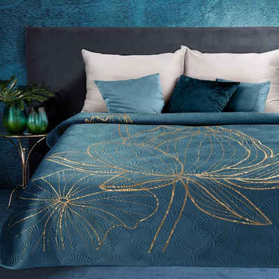 Tagesdecke Bettüberwurf aus Samt mit goldenem Lotusblumendruck, Eurofirany, Größe 220x240 oder 170x210,Marineblau gold, Schwarz oder Weiß gold