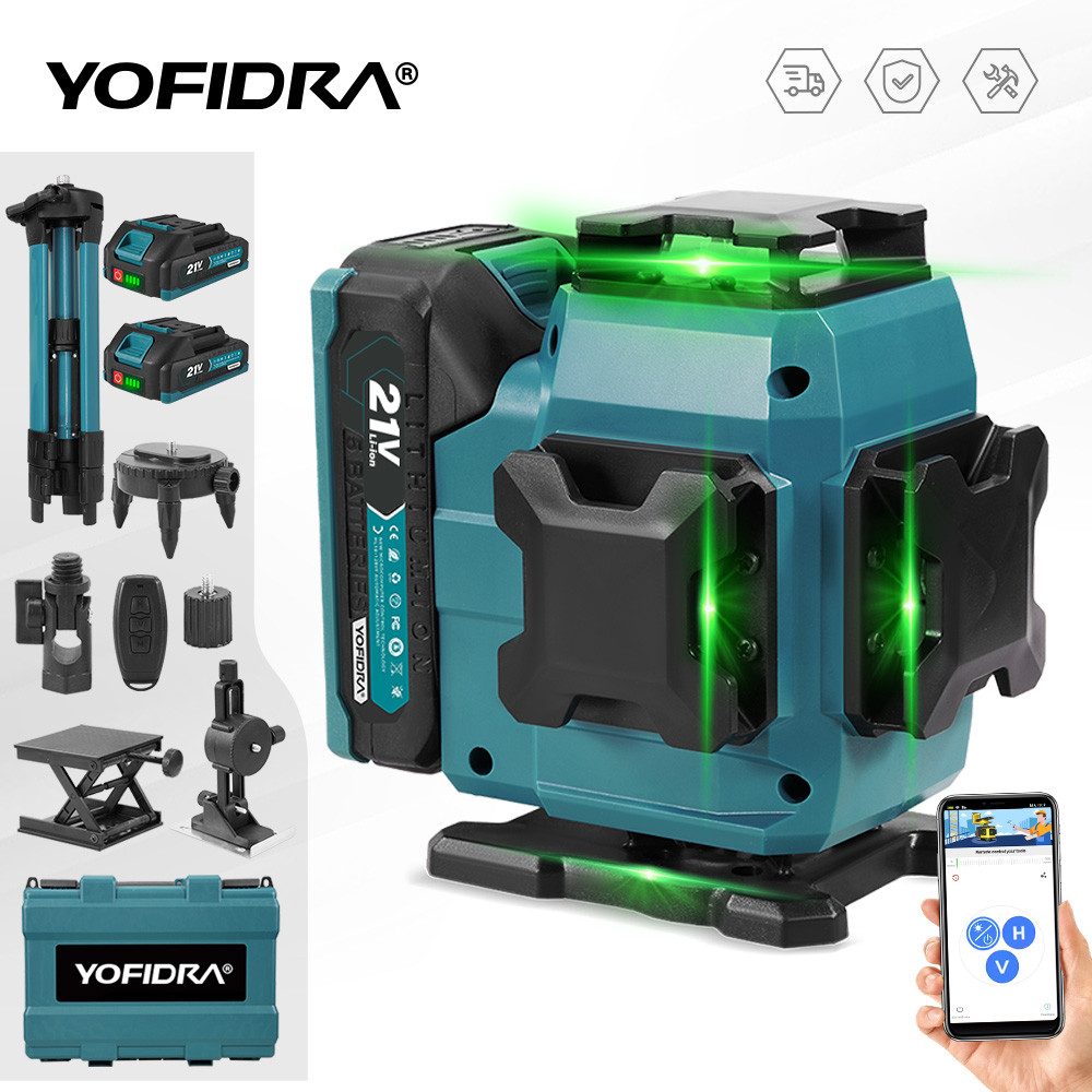 Yofidra Kreuzlinienlaser 16 Linien Laser Level 3° Selbstnivellierend 4 x 360° Laserwasserwaage, mit 2x Akku + Stativ, für Innenbau, Fliesen & Holz