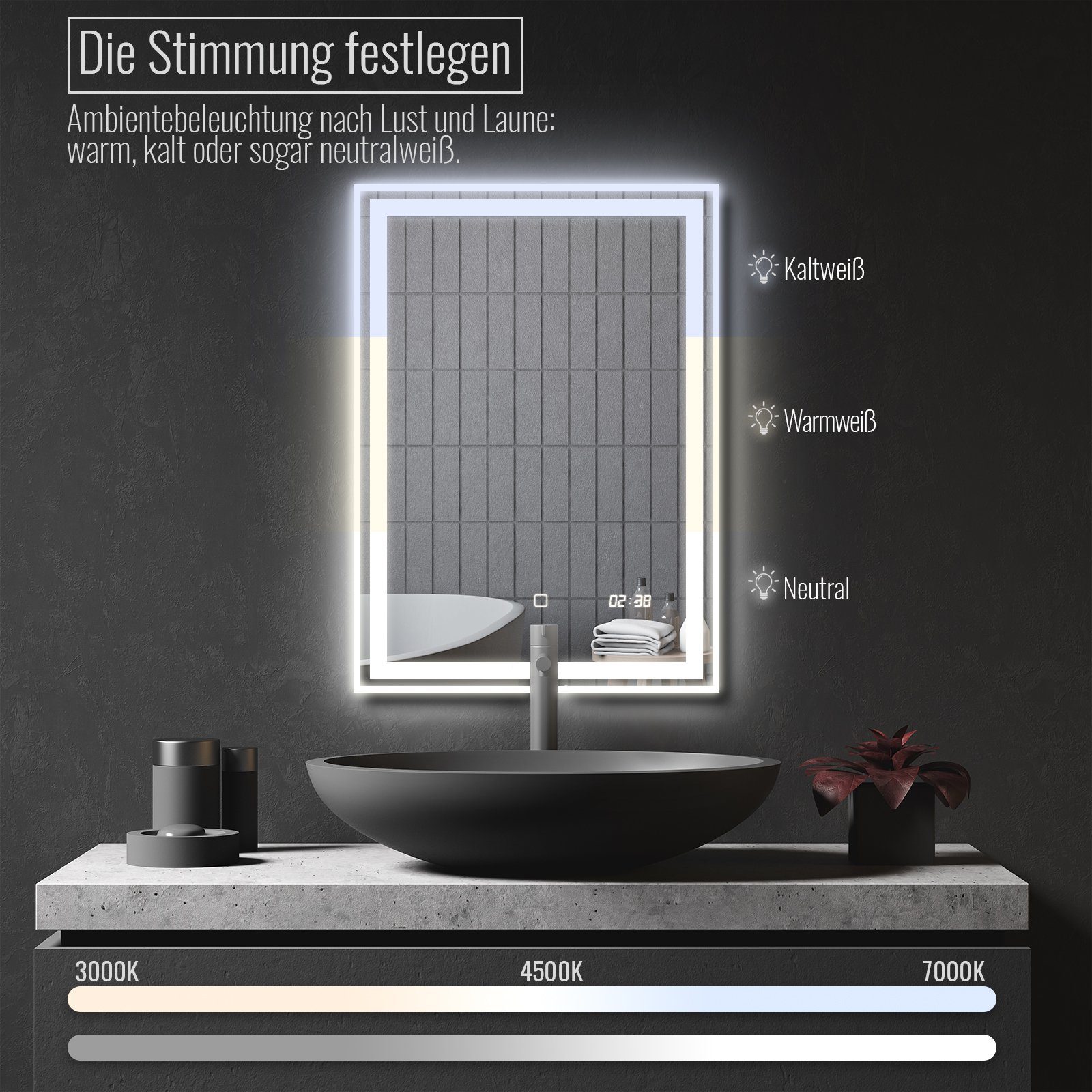 x 3000-7000K Badspiegel 70 - Energiesparend, Badspiegel Beschlagfrei, Aquamarin Dimmbar, LED 50 cm
