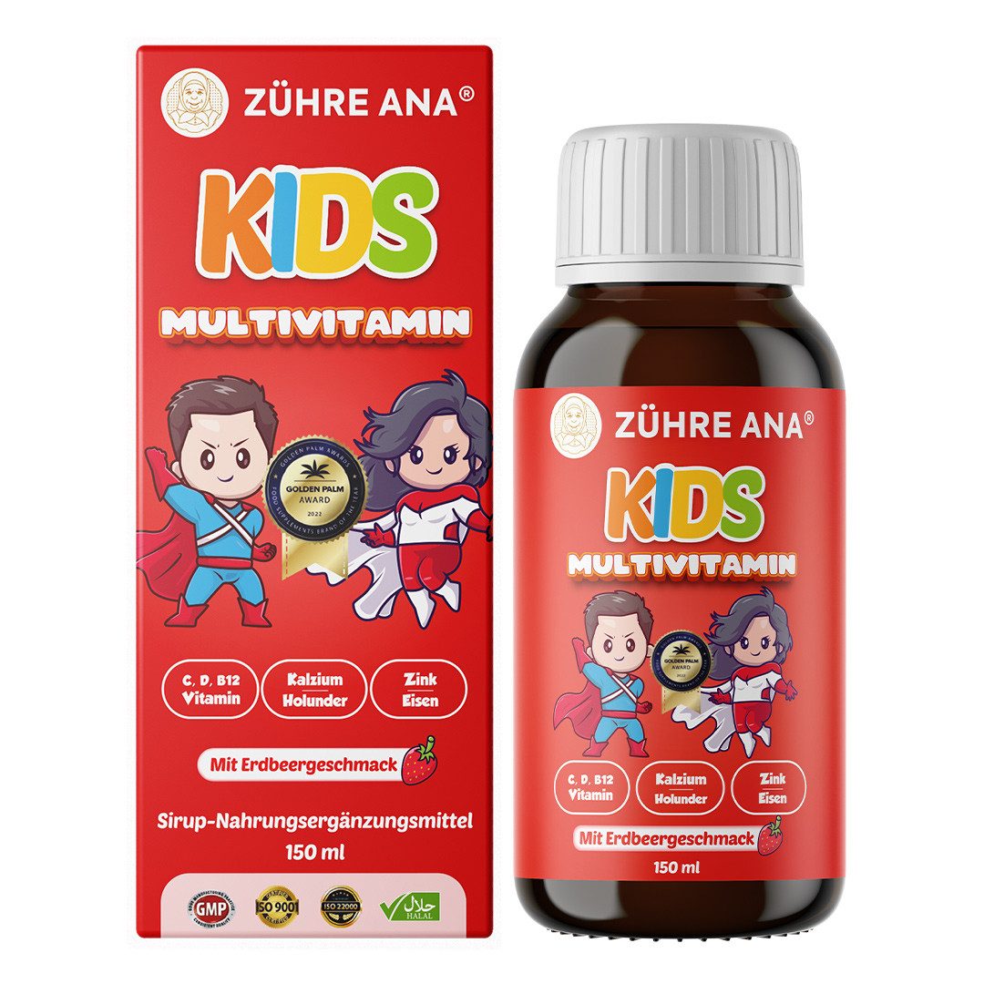 Zühre Ana® Kinder-Multivitamin Sirup, Fischöl & Kids-Paste – 3er Set Sirup, Paste, 540 ml, Kids MultiVitamin mit Erdbeeraroma & Fischöl mit Orangenaroma