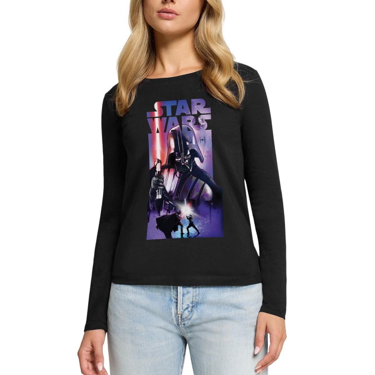 T-Shirt Star Wars Darth Vader Mit Rotem Lichtschwert Premium Langarmshirt Dame