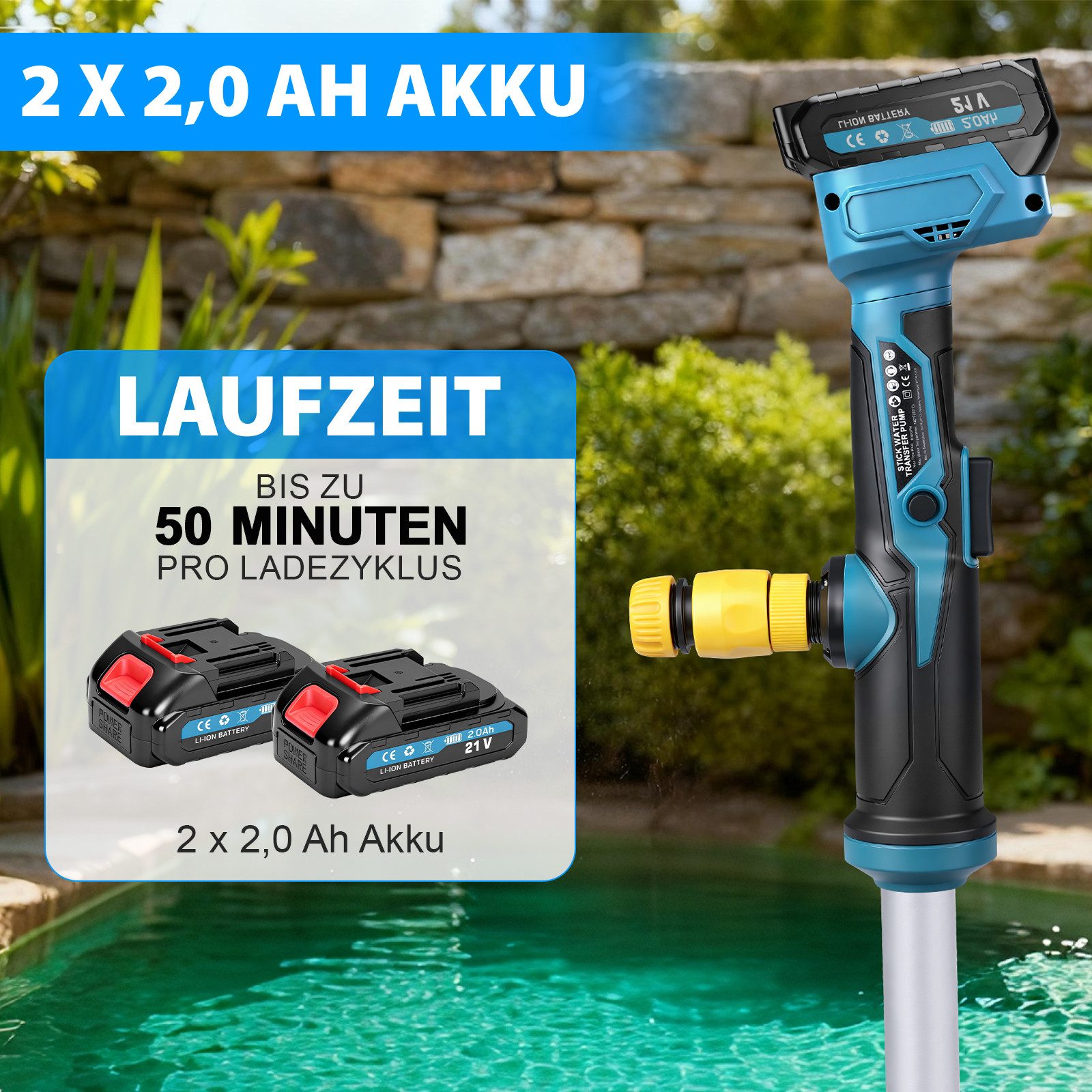 XERSEK Regenfasspumpe 3000L/h Wasserpumpe mit Gartensprühdüse Kabellose Stab-Transferpumpe (Fasspumpe mit 2×2.0Ah Akku 18V), für Pool/Garten/Teich/Wohnmobil/Boo – Bild 5 von 5
