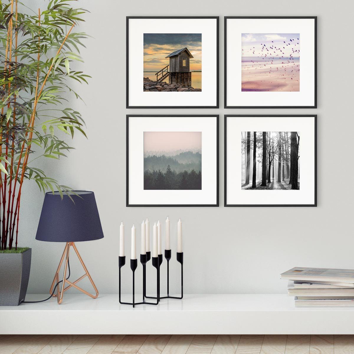 PHOTOLINI Bilderrahmen 4er Set 30x30 cm Aluminium Modern Schmal mit Passepartout Schwarz