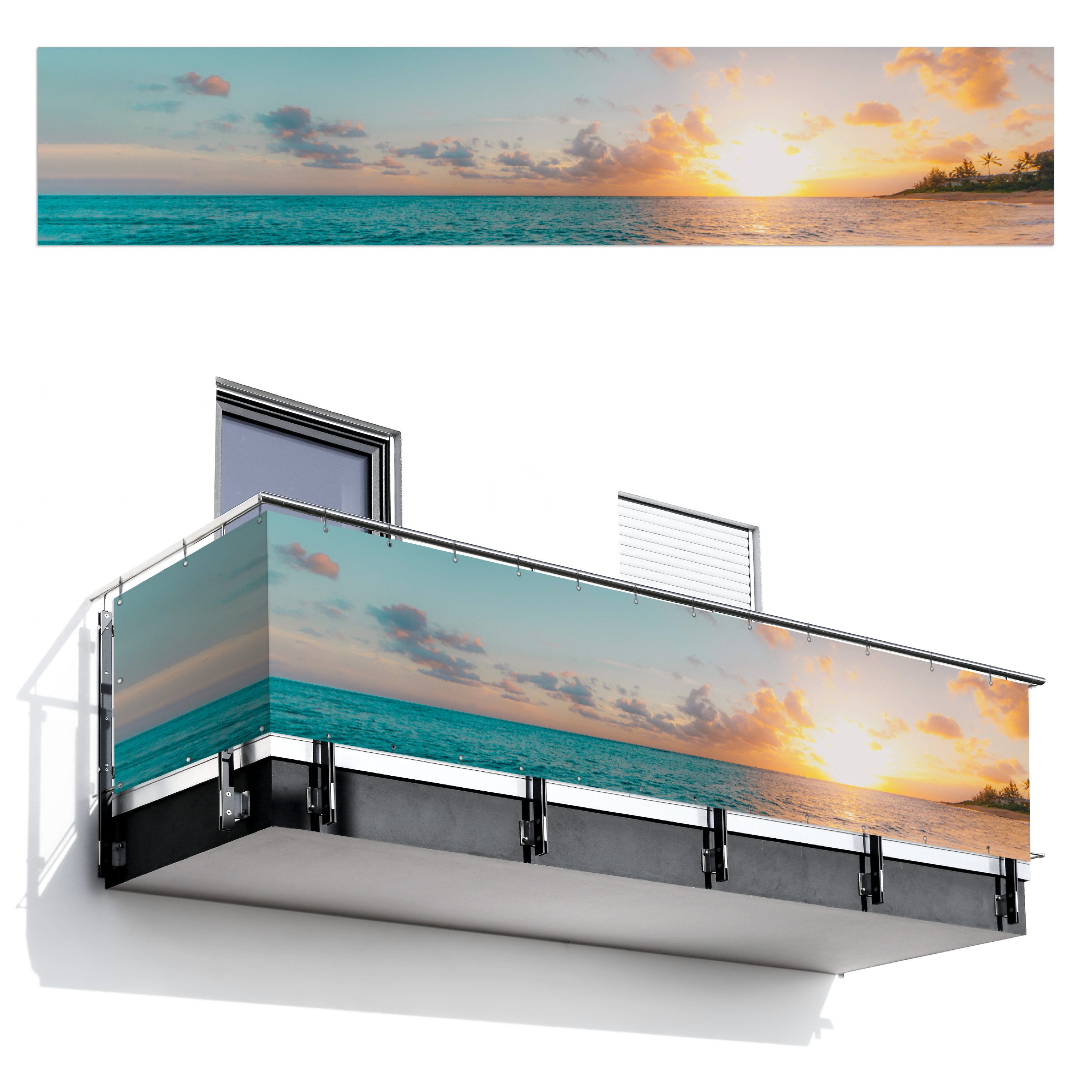 MuchoWow Balkonsichtschutz Sonnenuntergang - Strand - Meer - Sommer - Blau (1-St) Balkon Seitensichtschutz ohne Bohren, Sonnenschutz, 500x95 cm