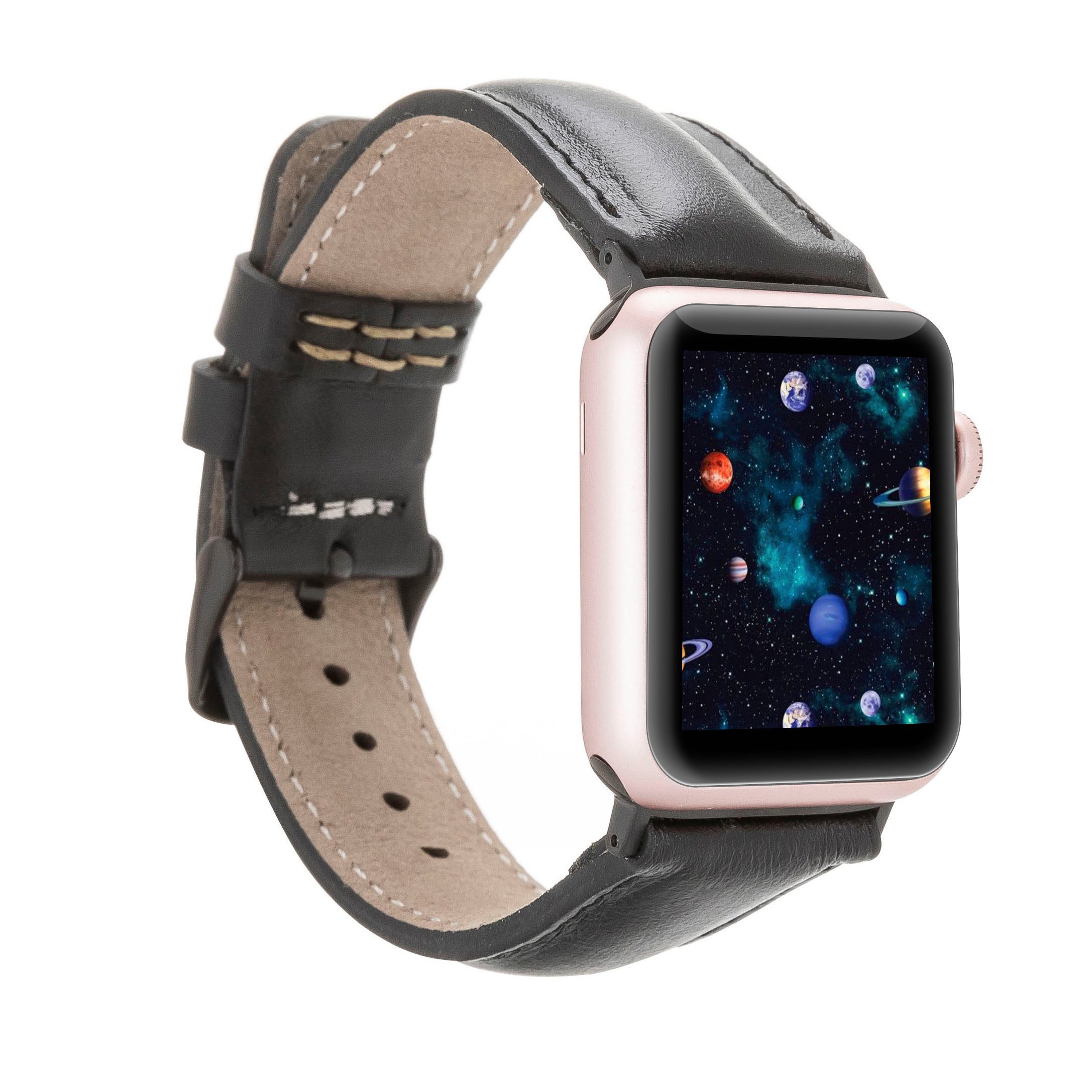Ultra/9/8/7SE/6-1 Leather Apple Uhrenarmband Renna Series Watch Echtleder Band Ersatzarmband Schwarz für