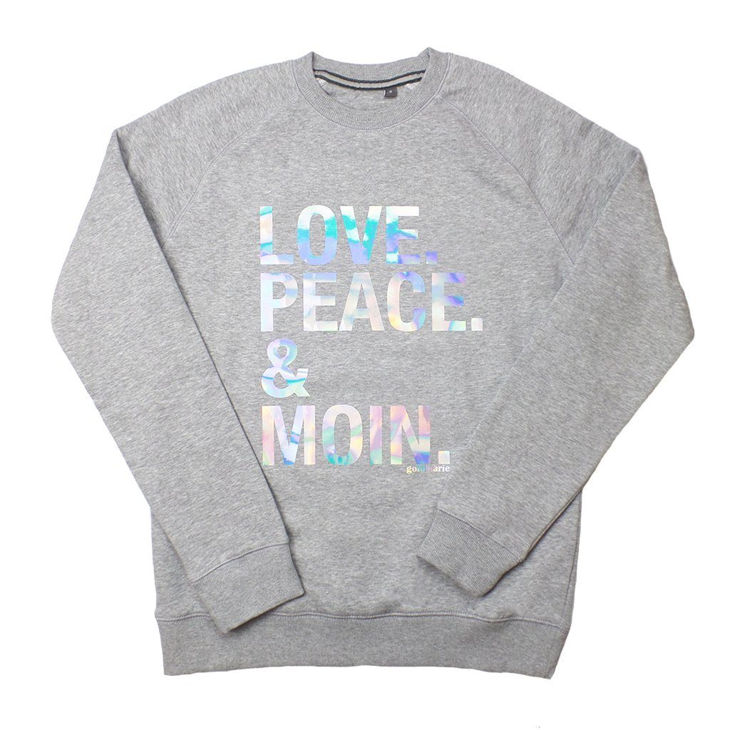 Sweatshirt holographic mit meliert Print (1-tlg) LOVE grau MOIN PEACE goldmarie