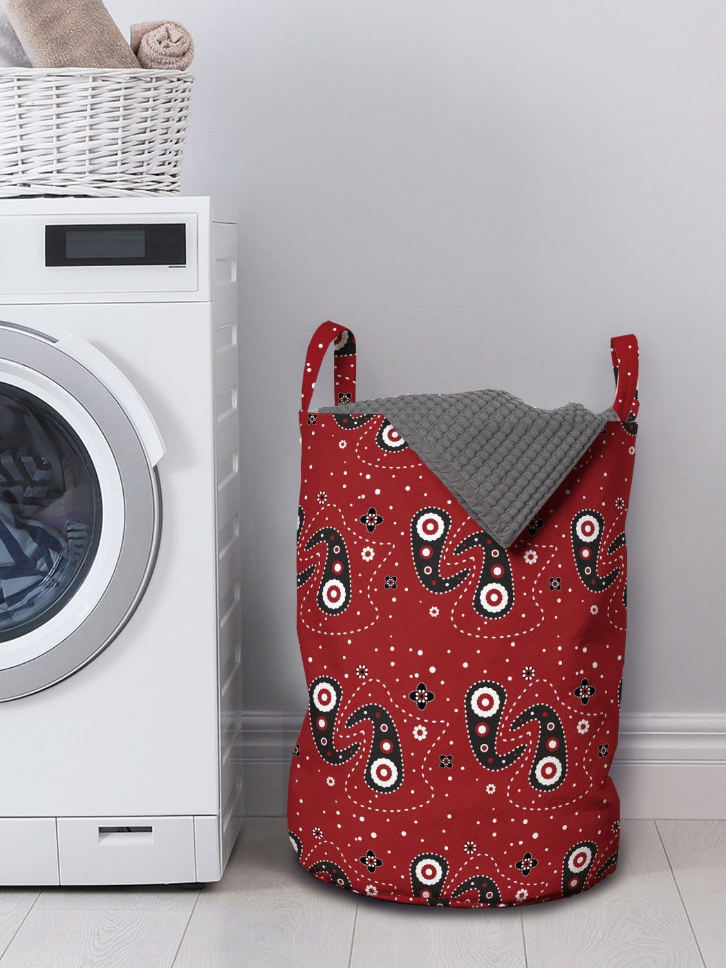 Abakuhaus Wäschesäckchen Wäschekorb schwarz für Waschsalons, Blumen-Punkte Kordelzugverschluss Griffen mit rot Paisley
