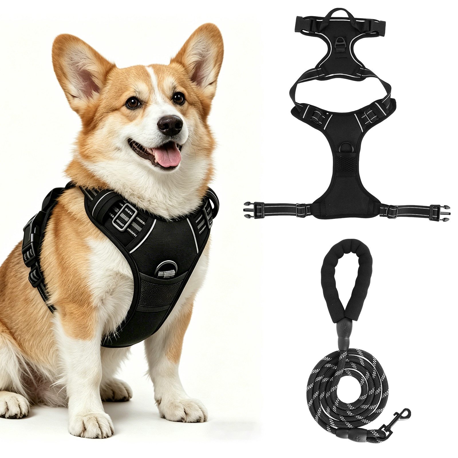 BlingBin Hunde-Geschirr Antizug Hundegeschirr mit Leine, Anti Zieh Geschirr für Hunde, Nylon und Polyester, Atmungsaktives und Reflektierendes Brustgeschirr für Mittelgroße Hunde