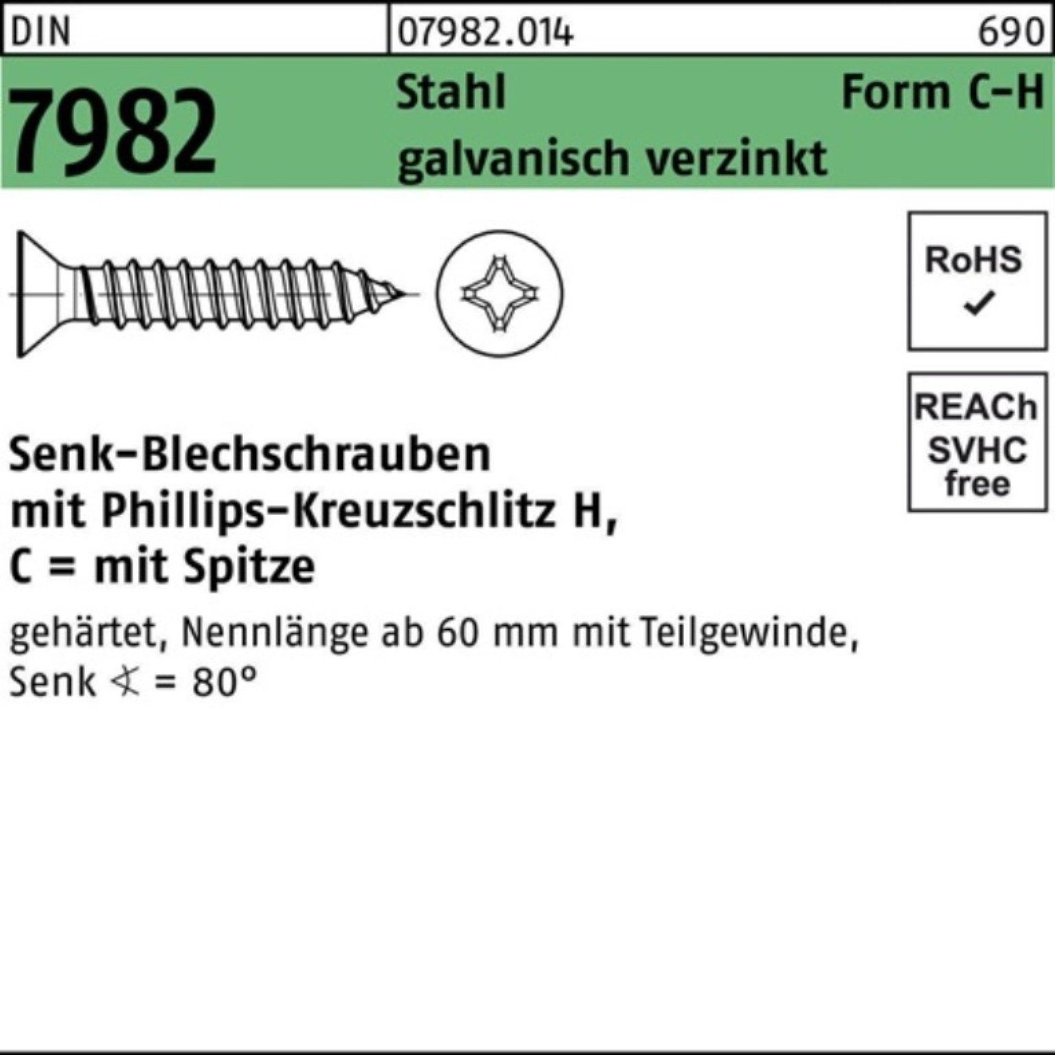 Reyher Schraube 250er Pack Senkblechschraube DIN 7982 PH/Spitze C 4,8x38-H Stahl galv.