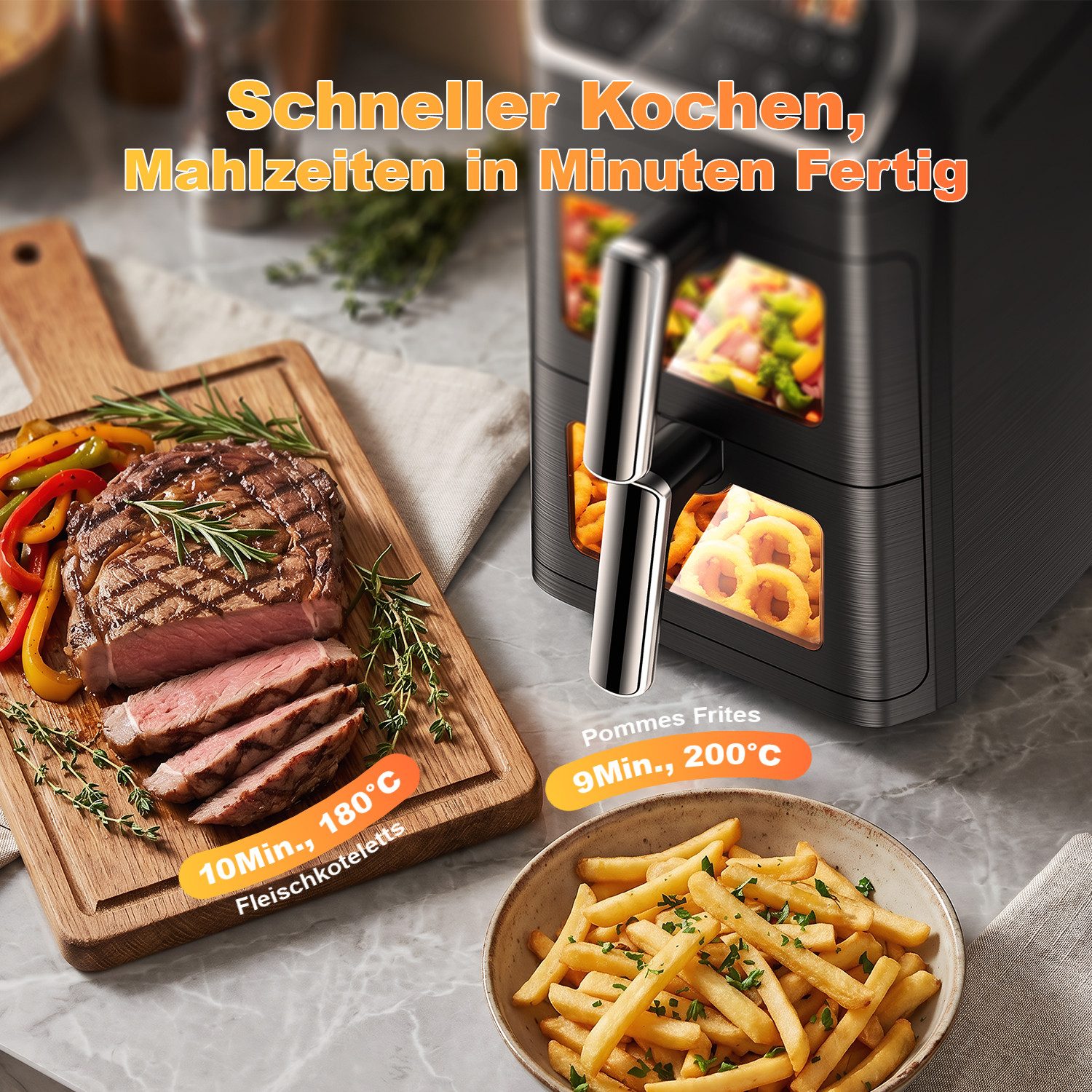 oyajia Heißluftfritteuse Heißluftfritteuse 2 Kammern, Airfryer 9L mit 8 voreingestellte Programme, LED Touch Farbdisplay, Sichtfenster, Unabhängige Temperaturregelung, 2800,00 W, Antihaft-Metallkörbe,4.5L+4.5L,fettarmes gesundes Kochen