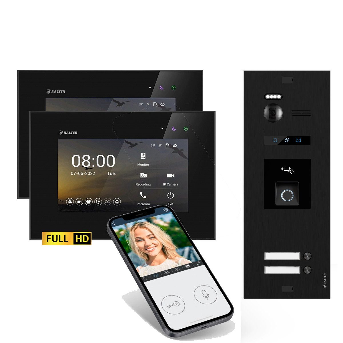 Balter Video-Türsprechanlage BALTER HD WLAN Türsprechanlage FP/RFID EVO 2-Familienhaus Schwarz (Set, 2-Familienhaus, Komplettset, Full HD 175° Kamera, Fingerprint, RFID)
