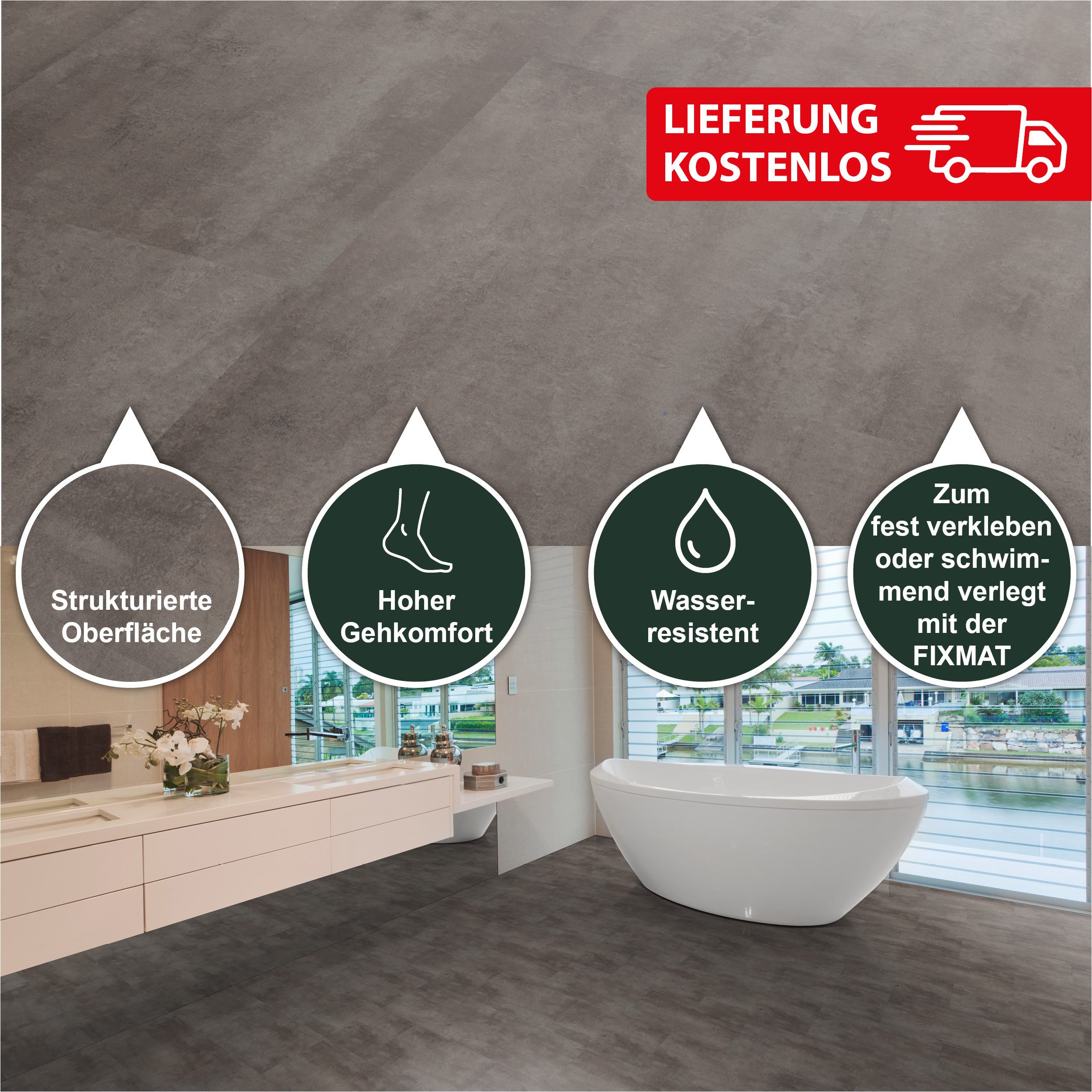 FIXED VINYL Designboden 609,6 x 304,8 x 2,5 mm Premium Klebe-Vinylboden Steinoptik, Packung mit 3,53 qm, Versandkostenfreie Lieferung, Wasserfest, zum verkleben, strukturierte Premium Oberfläche