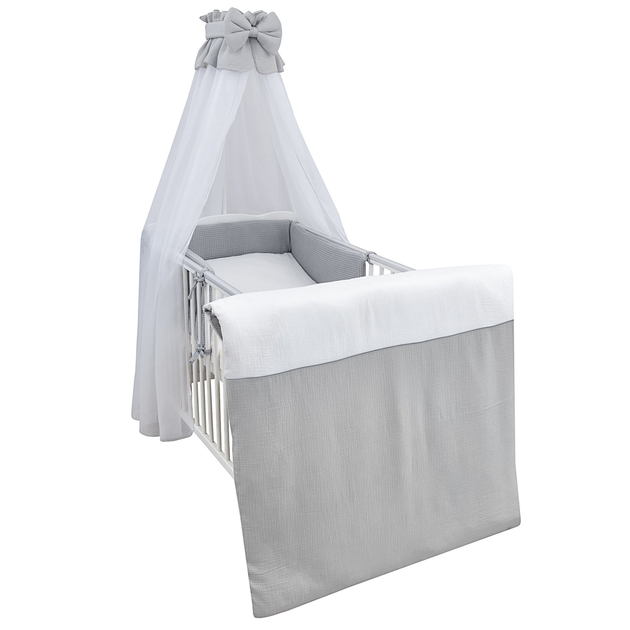 Baby-Delux Komplettbett Babybett Jack Komplettset Beißschienen Musselin, 10-tlg., Kinderbett 70x140 cm weiß, Bettset verschiedene Designs