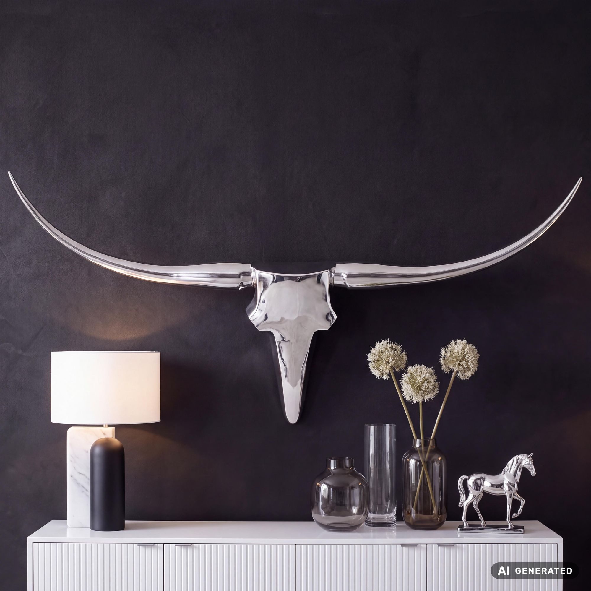 FINEBUY Wanddekoobjekt FB37875 Deko Geweih Bull M Aluminium Design Hörner 100cm Silber (Deko Hirschgeweih Aluminium 100 cm Silber modern), Wanddeko Metall Design Hirschkopf Geweih Wand groß