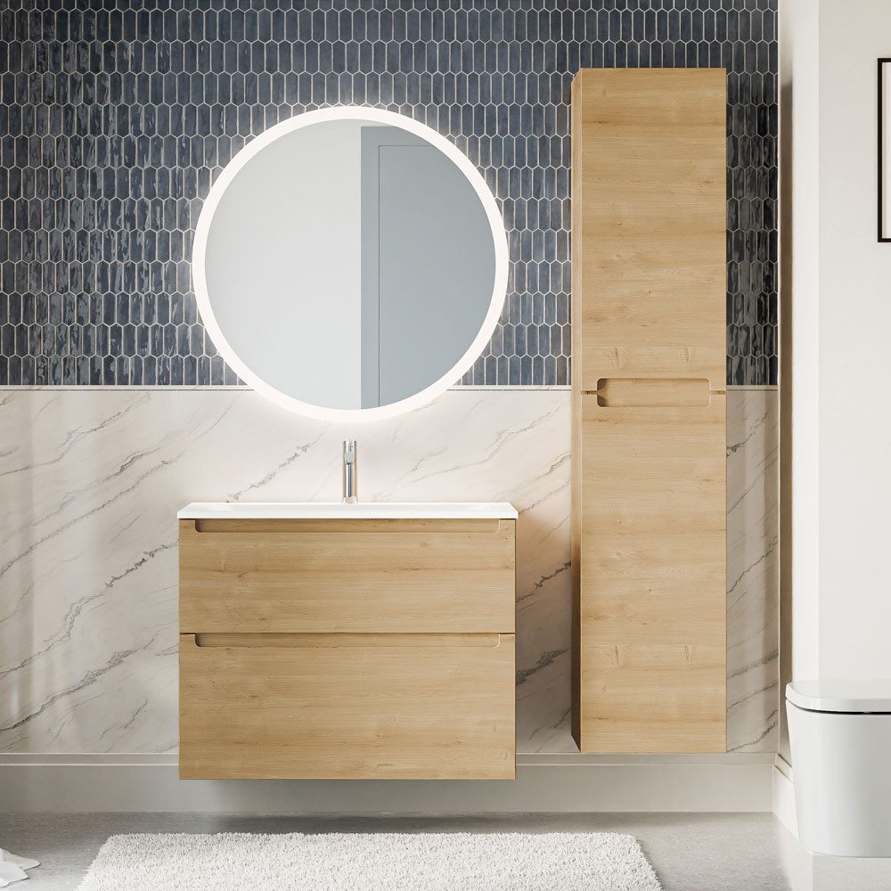 Bernstein Badmöbel-Set VIREO 80cm Eiche honiggold Spiegel Rund, Badmöbel Set 80cm Keramik Becken Hochschrank LED-Spiegel