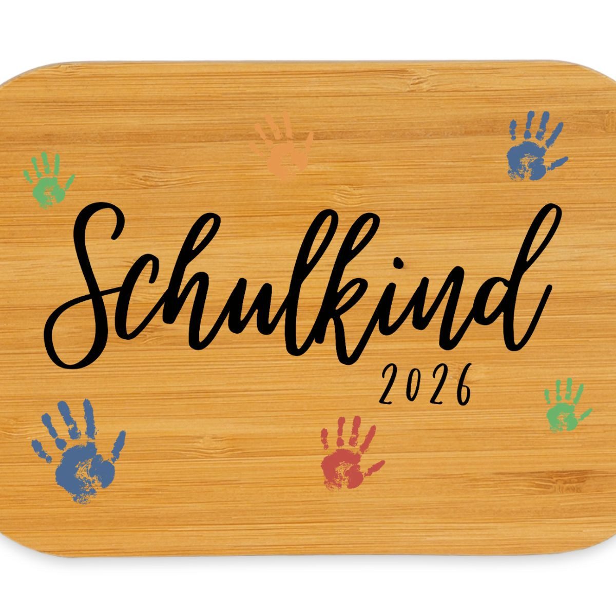 Spreadshirt Lunchbox Schulkind 2026 Bunte Handabdrücke Einschulung Brotdose mit Bambusdecke, Edelstahl, Bambus