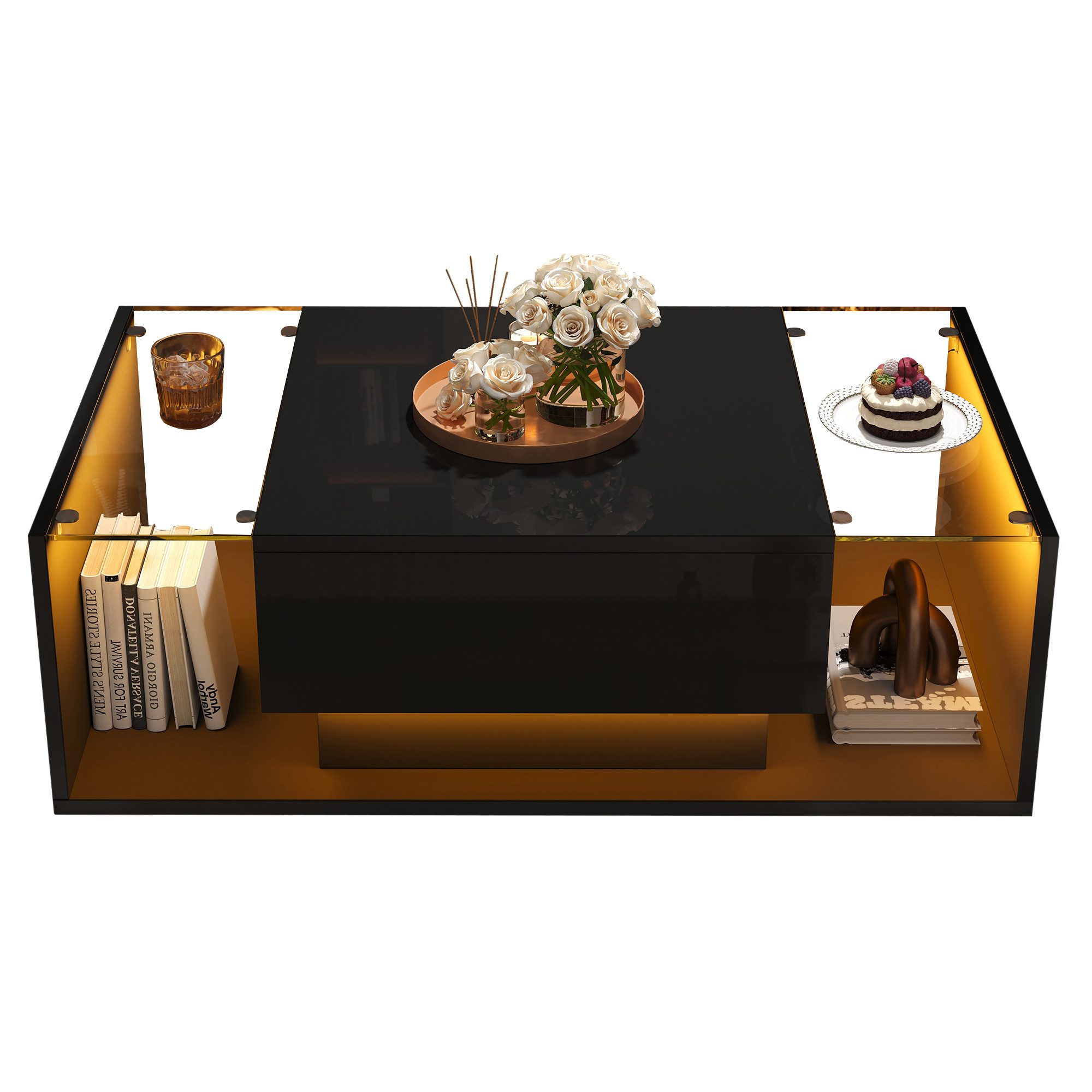 Welltin Couchtisch Couchtisch aus gehärtetem Glas mit Hochglanzoberfläche, Kaffetisch mit Schublade und integrierter LED-Lichtleiste 100x50x31cm