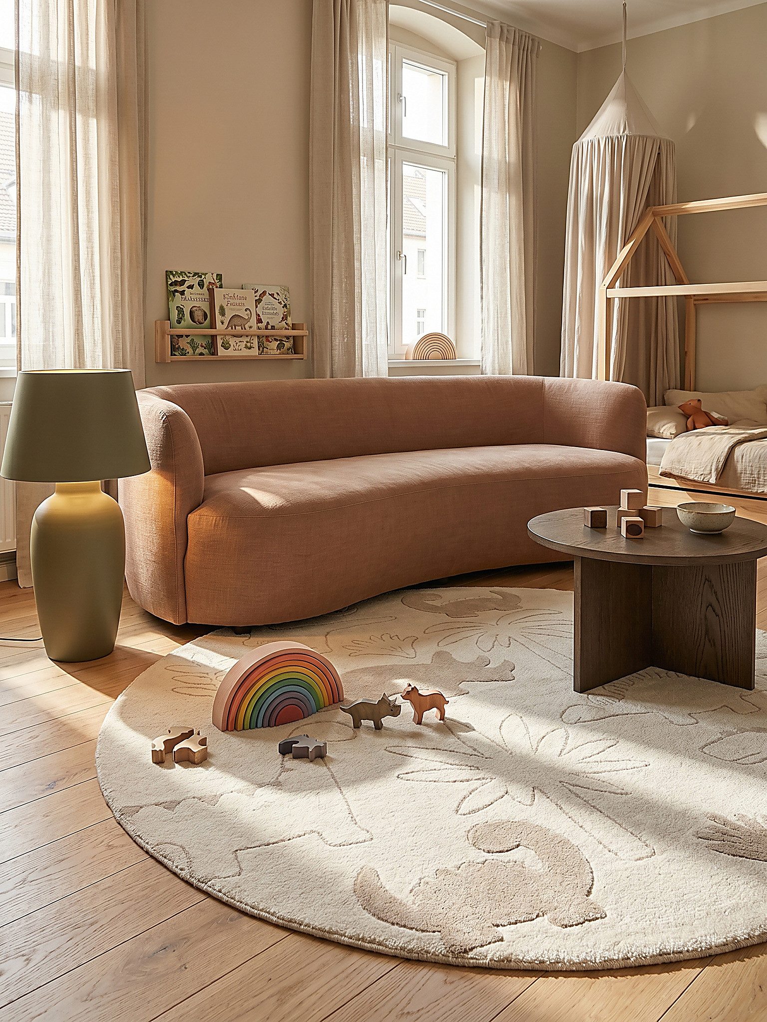 KADIMA DESIGN Kinderteppich CANAZEI Kinderteppich Creme 120x120 Dinosaurier Polypropylen, Rund, Höhe: 13 mm, Saugroboter-geeignet, Strapazierfähig, Fußbodenheizung geeignet