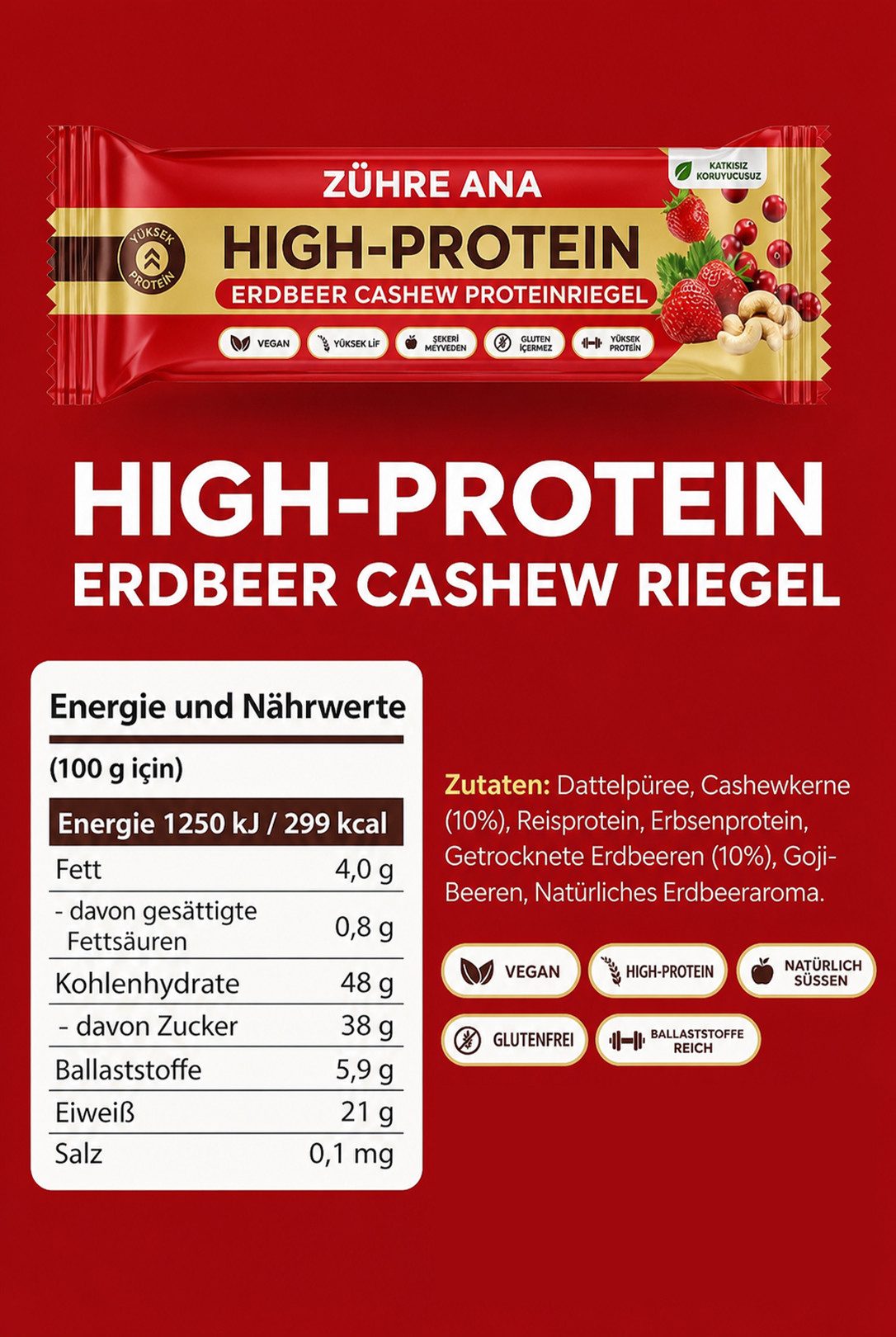 Zühre Ana® Riegel Erdbeer Cashew Proteinriegel 12x – Vegan, Glutenfrei, Zuckerfrei, 420 g, Proteinreicher, leckerer Snack, 35gr x 12 Stück