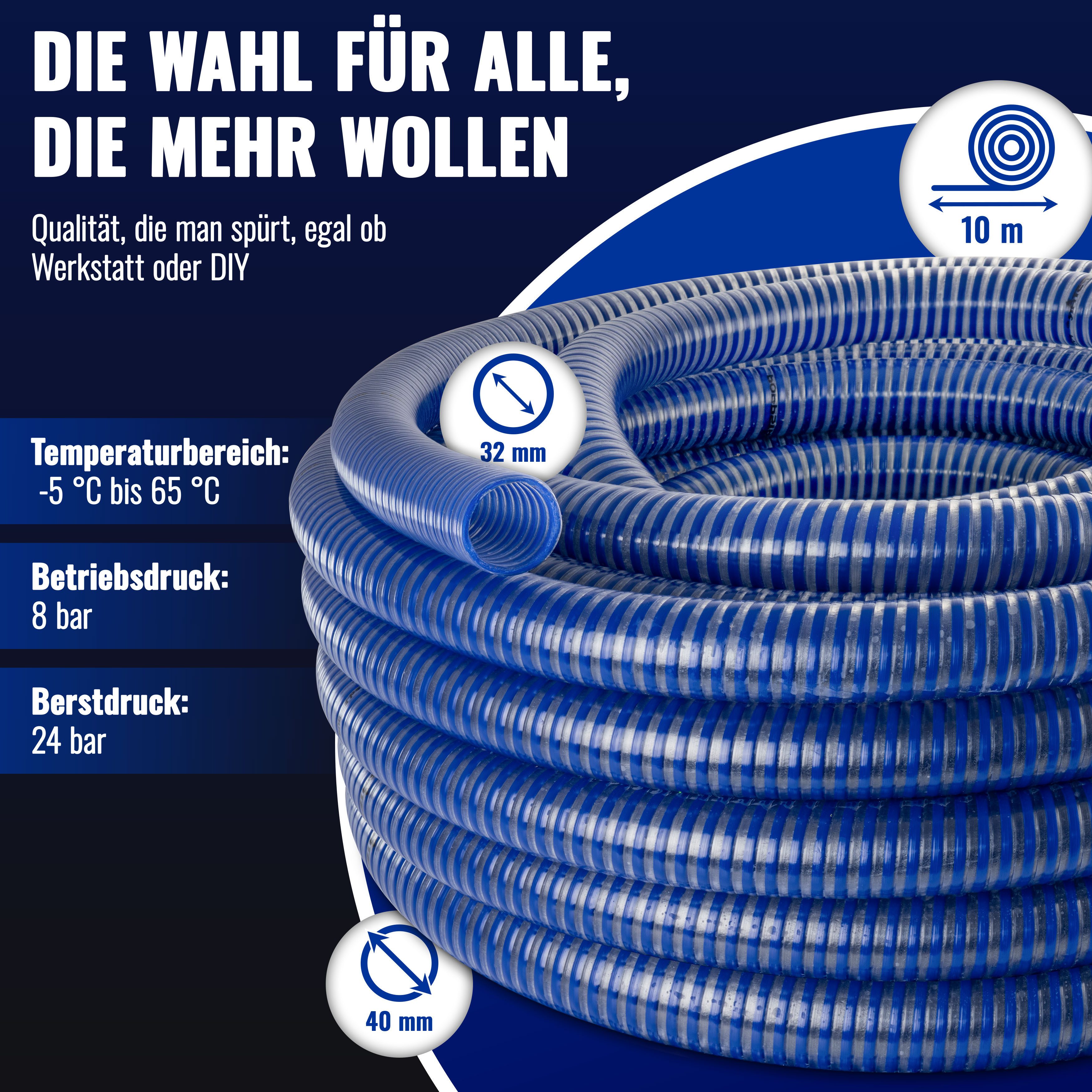 Poppstar Saugschlauch Pumpenschlauch PVC 32mm Innendurchmesser, UV-beständig, 1 1/4 Zoll Saug-, Druck- & Förderschlauch mit Wandstärke 4 mm – Bild 2 von 5