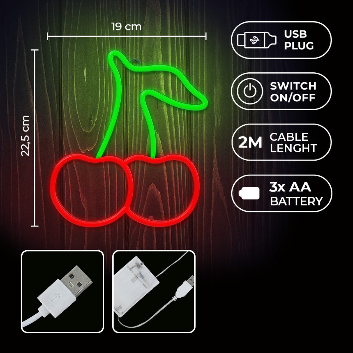 Forever Light LED Dekolicht Neolia Neon LED-Leuchte CHERRY grün/rot – NNE23, Grün, Rot, Leuchtendes Kirsch-Design, flexibler Betrieb, kompakte Größe