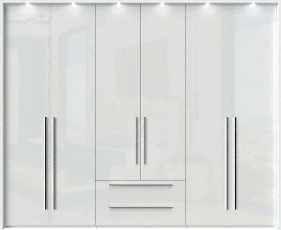 OTTO home Drehtürenschrank Piano, inklusive Rahmen und Beleuchtung, soft-close-Funktion (viele Breiten zur Auswahl, 226cm hoch, mit jeweils 2 Schubladen) beige oder weiß, UV lackiert, Hochglanzfronten, FSC-zertifiziert