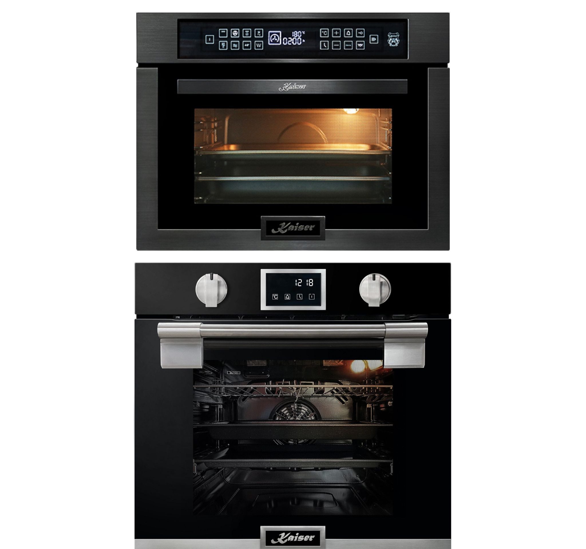 Kaiser Küchengeräte Backofen-Set Einbau Backofen, Pyrolyse Backofen, 11 Funktionen, 79L+Einbau-Mikrowelle 45 cm Hoch,TouchControl, Heißluftsystem, Infrarotgrill,22 Funktionen EH 6338 s+EM 6307 RS, mit 1-fach-Teleskopauszug