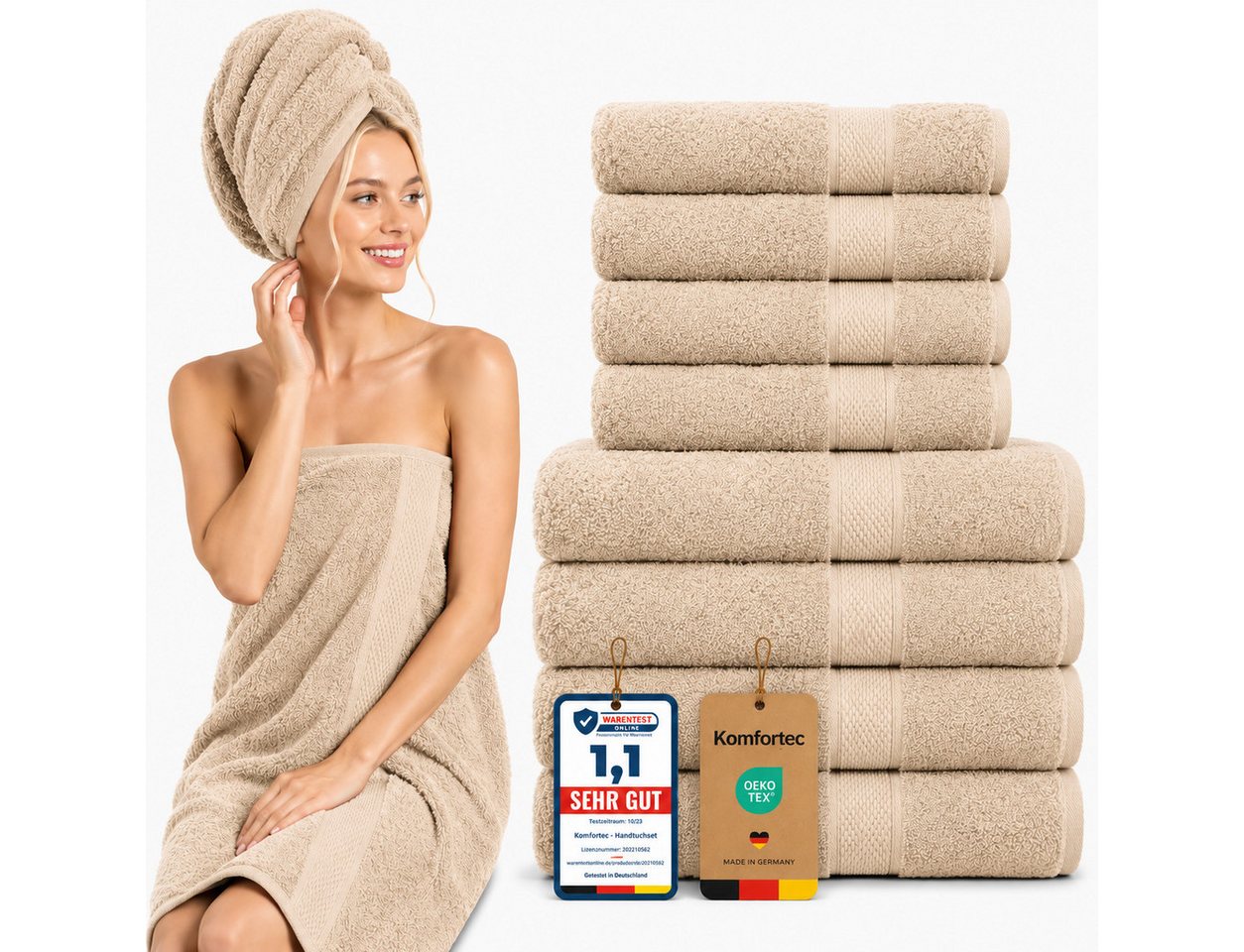 Komfortec Handtuch Set 8x Handtuch & Badetuch Set - 4er 50x100 + 4er 70x140 cm, Frottee (Set, 8-St), 100% Baumwolle, 470 g/m2, mit Bordüre, Weich & Saugstark