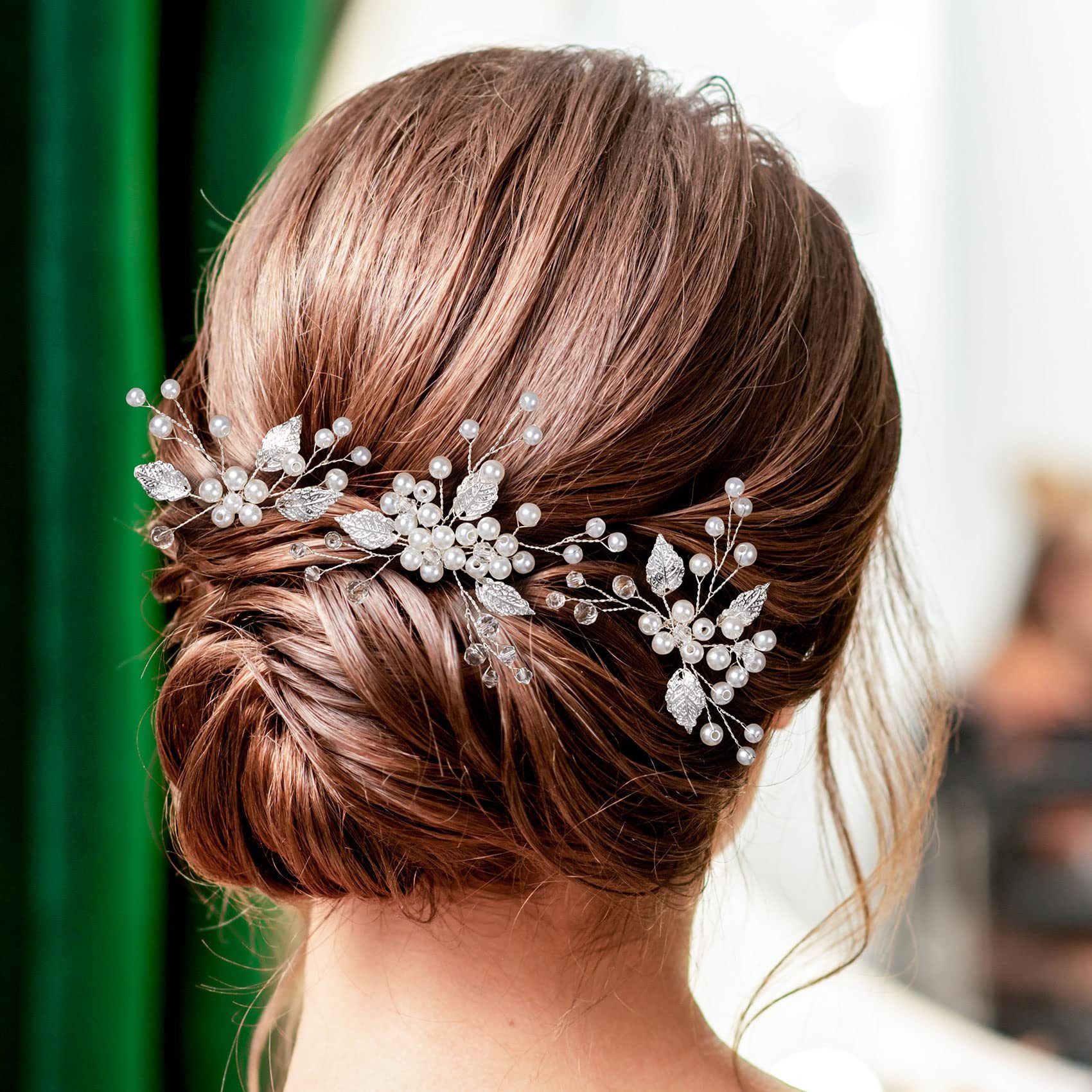 MOPUEA Haarspange Perlenbraut Hochzeit Haarnadeln,Blatt Kopfstück Blume,3 Stück,Silber