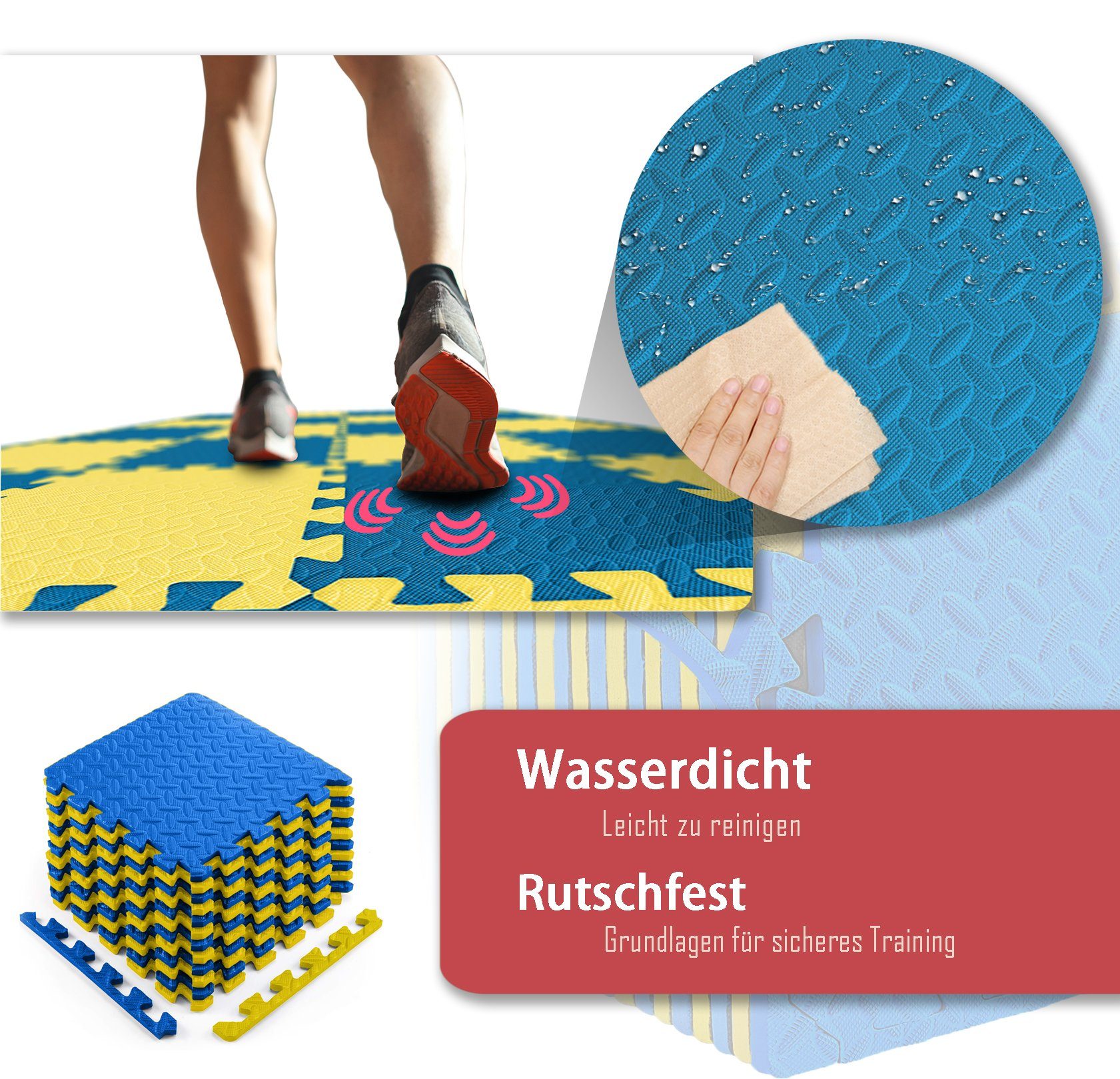 Fitgenics Bodenschutzmatte Blattmuster Fitness Matten 20er Set Puzzlematten Trainingsmatten wasserdichte anti-rutsch Bodenauflagen Gymnastikmatten Unterlegmatten für Pool Fitnessgeräte, Set, 20er-Pack, Mehr Flexibilität durch die Puzzleform, unendlich erweiterbar, kinderleicht und individuell anpassbar Blau/Gelb