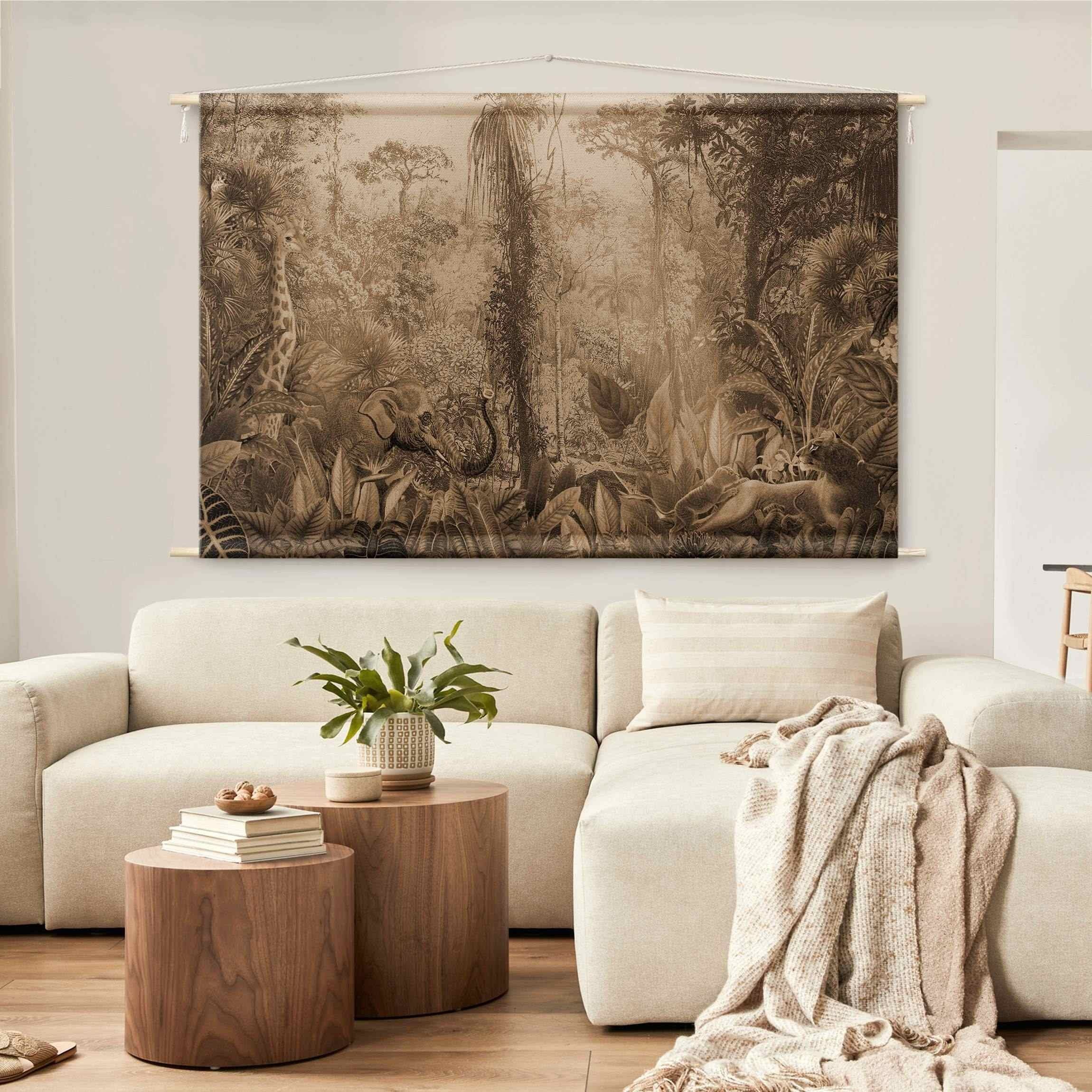 Bilderdepot24 Wandteppich modern Wald Dschungel Natur Vintage Tiere Elefant braun, rechteckig, Höhe: 2.6 mm, großes Wandbild aus Natur-Baumwolle Wandbehang Stoffbild Tuch Wollseil