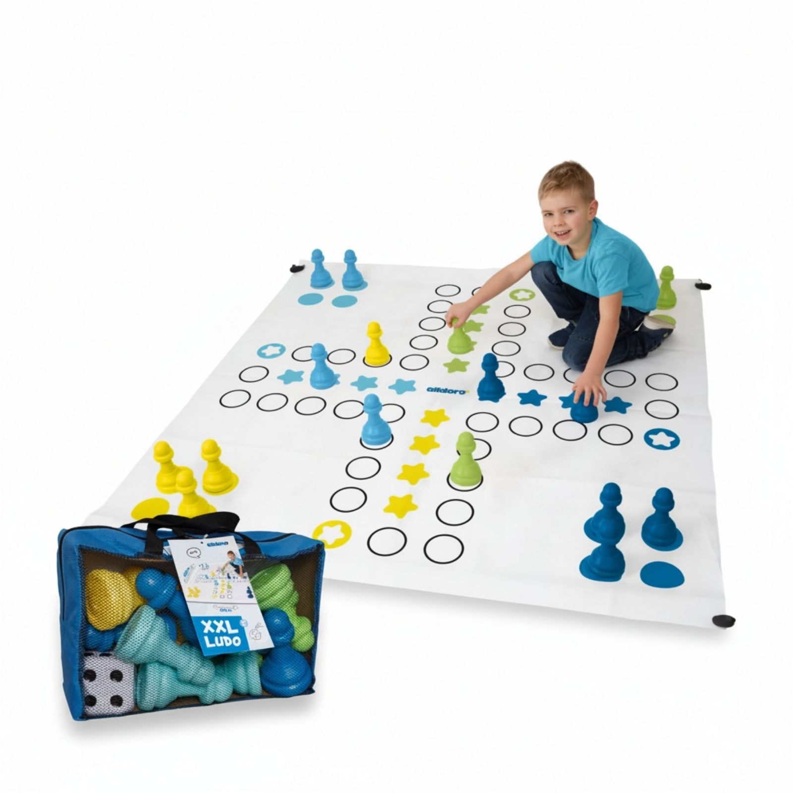 alldoro Spiel XXL Riesen Ludo, Brettspiel-Klassiker im Jumbo Format, 150 x 150 cm, XXL Ludo, indoor & outdoor, für 4 Mitspieler, geeignet für Kinder ab 3 Jahren