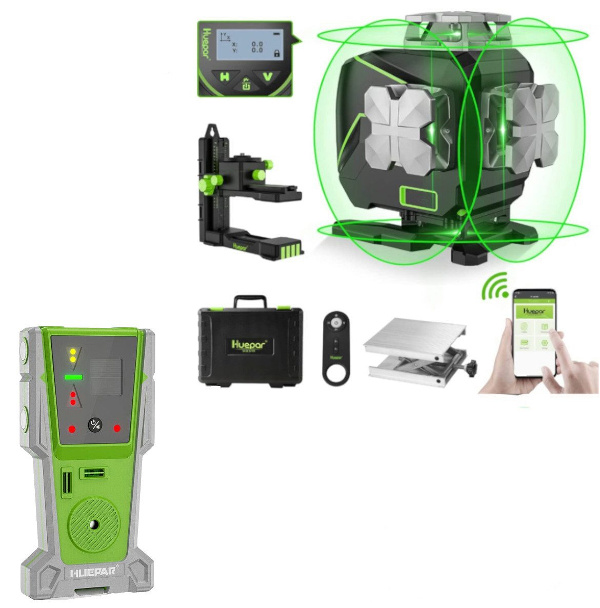 Huepar Kreuzlinienlaser Huepar S04CG LCD-Bildschirm 4D Laser mit Halterung und Hebebasis