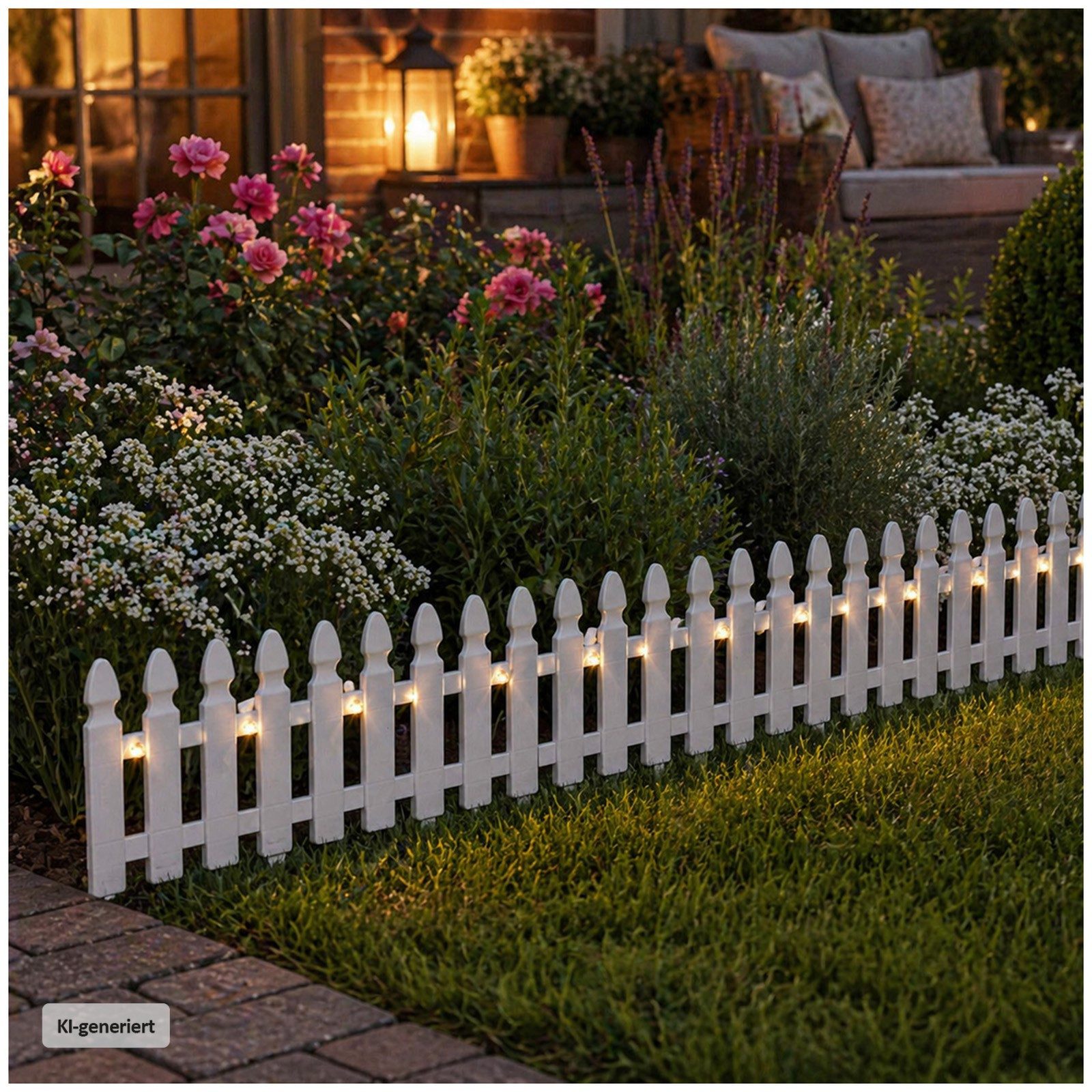 HTI-Living Beetumrandung Beeteinfassung Länge 540 cm Zaun Weiß, LxH: 45x29 cm, Set, 12 Zaunelementen, inklusive 12 Solarleuchten, Zierzaun Beetumrandung Dekozaun